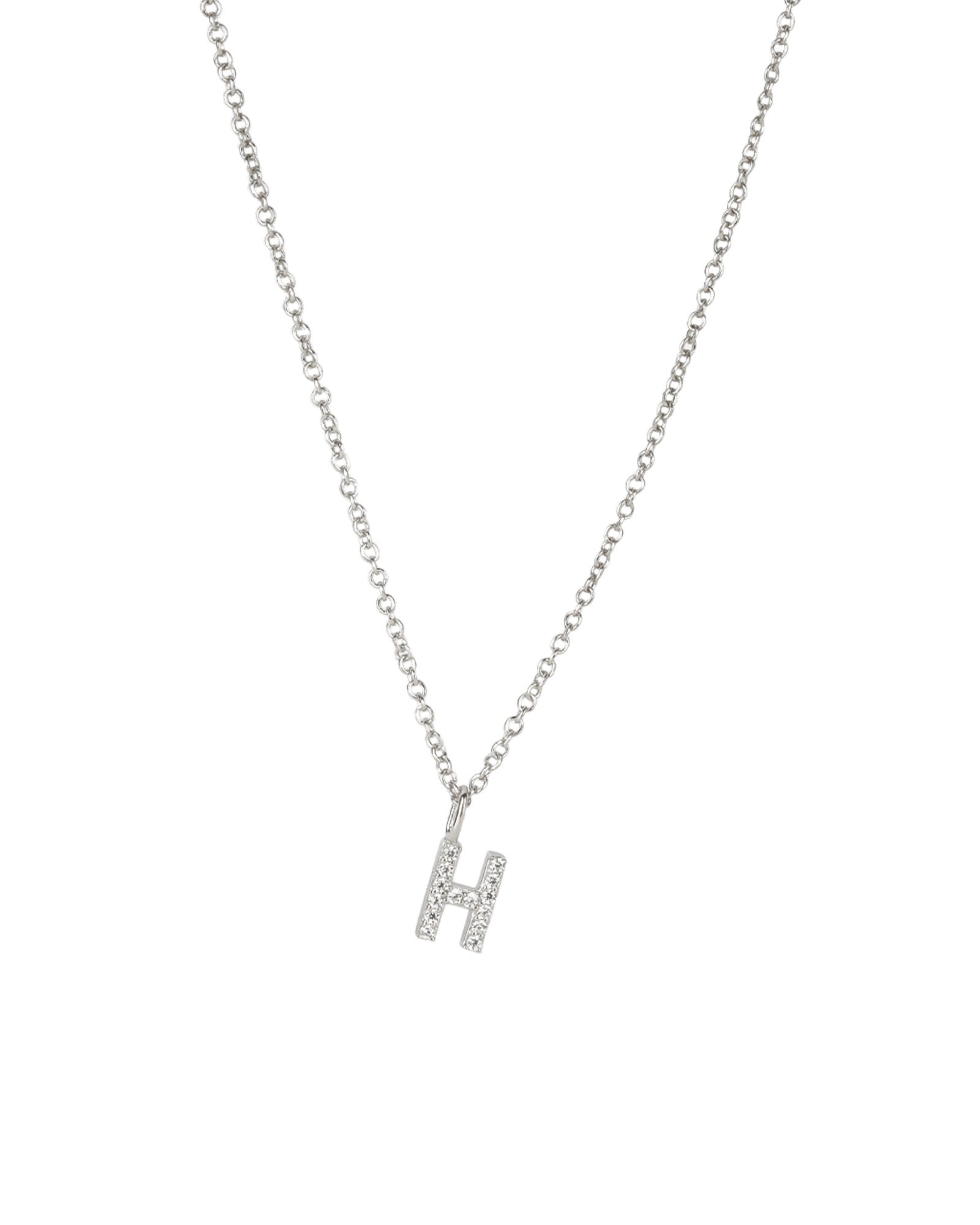 Quiet Icon-CZ Initial Necklace-Necklaces-Rhodium Plated Sterling Silver, Cubic Zirconia-H-Blue Ruby Jewellery-Vancouver Canada