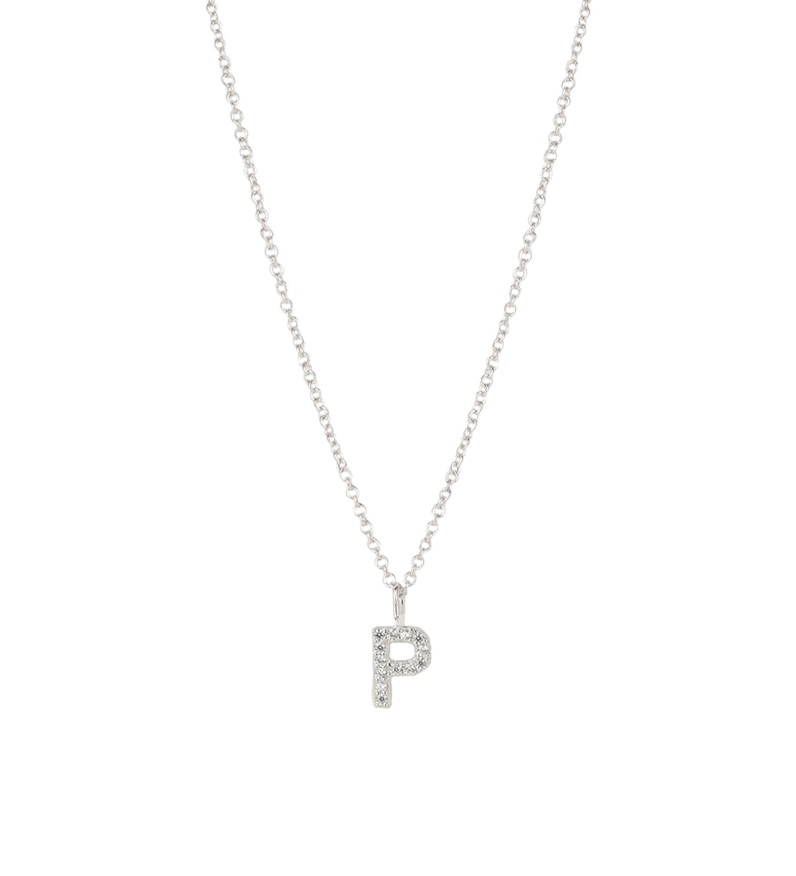 Quiet Icon-CZ Initial Necklace-Necklaces-Rhodium Plated Sterling Silver, Cubic Zirconia-P-Blue Ruby Jewellery-Vancouver Canada