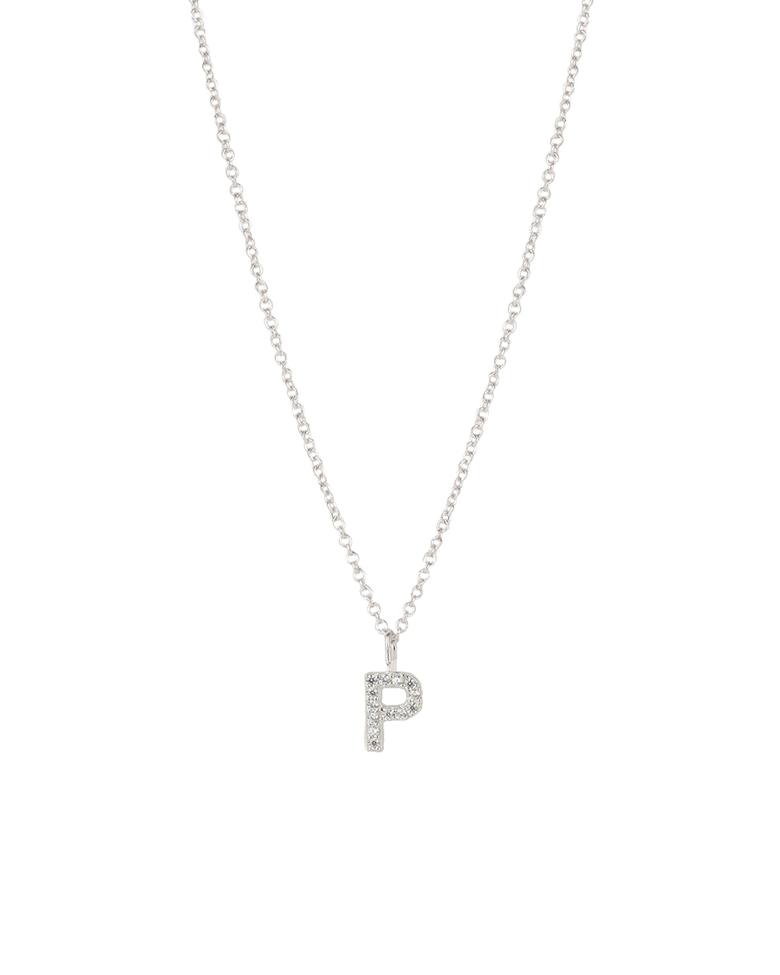 Quiet Icon-CZ Initial Necklace-Necklaces-Rhodium Plated Sterling Silver, Cubic Zirconia-P-Blue Ruby Jewellery-Vancouver Canada