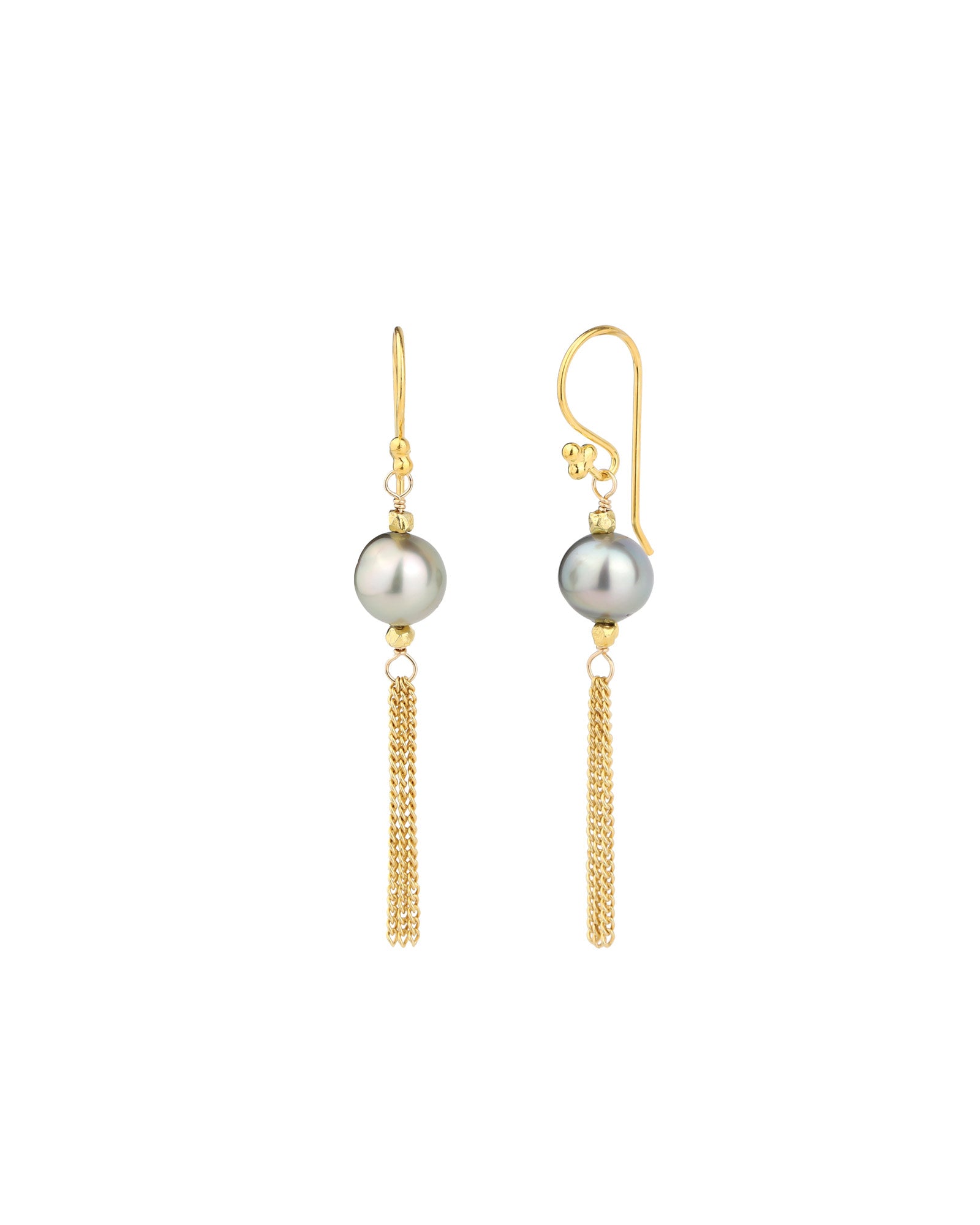 Chain Fringe Tahitian Pearl Hooks 22k Gold Vermeil, Grey Pearl