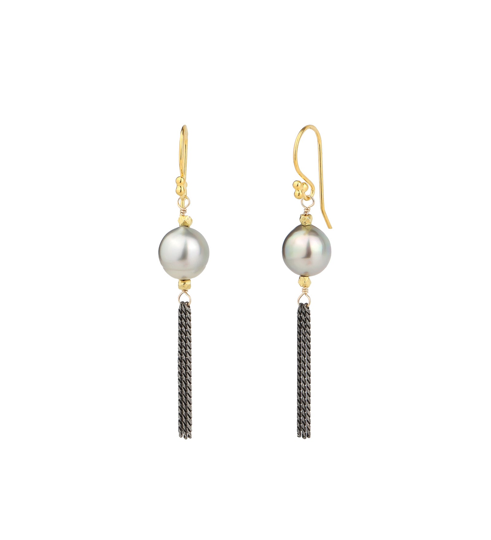 Chain Fringe Tahitian Pearl Hooks 22k Gold Vermeil, Oxidized Sterling Silver