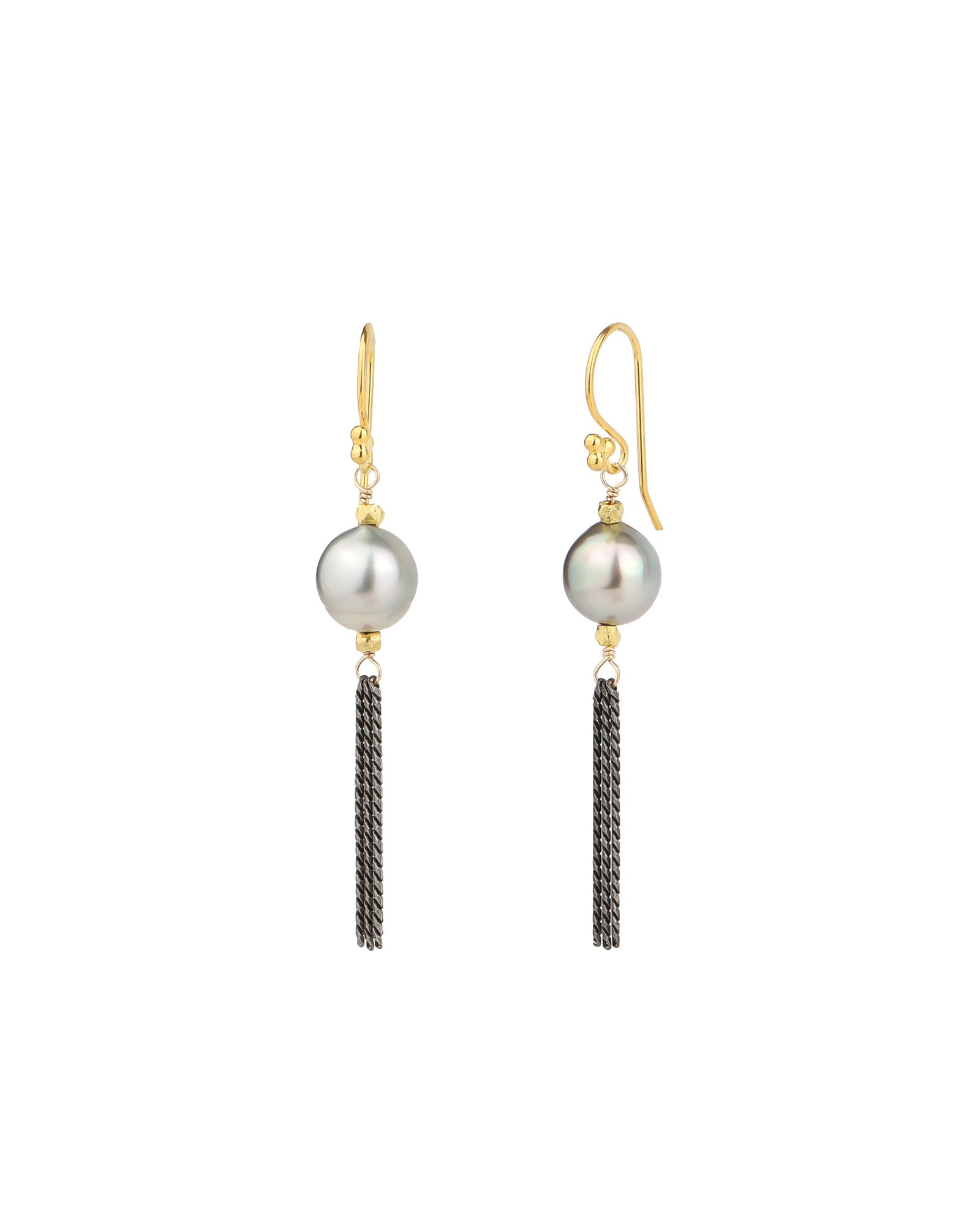 Chain Fringe Tahitian Pearl Hooks 22k Gold Vermeil, Oxidized Sterling Silver