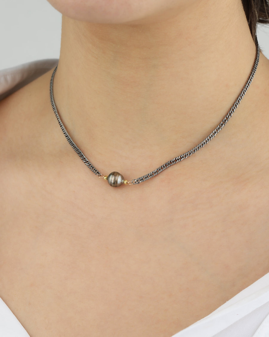 1 Tahitian Pearl Nugget Necklace 22k Gold Vermeil, Oxidized Sterling Silver