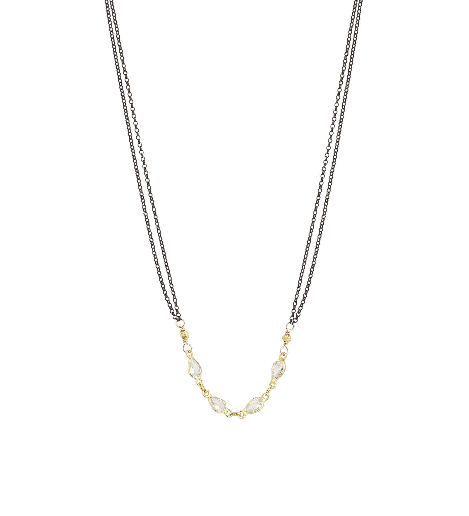 4 Teardrop CZ 2 Chain Necklace 22k Gold Vermeil, Oxidized Sterling Silver