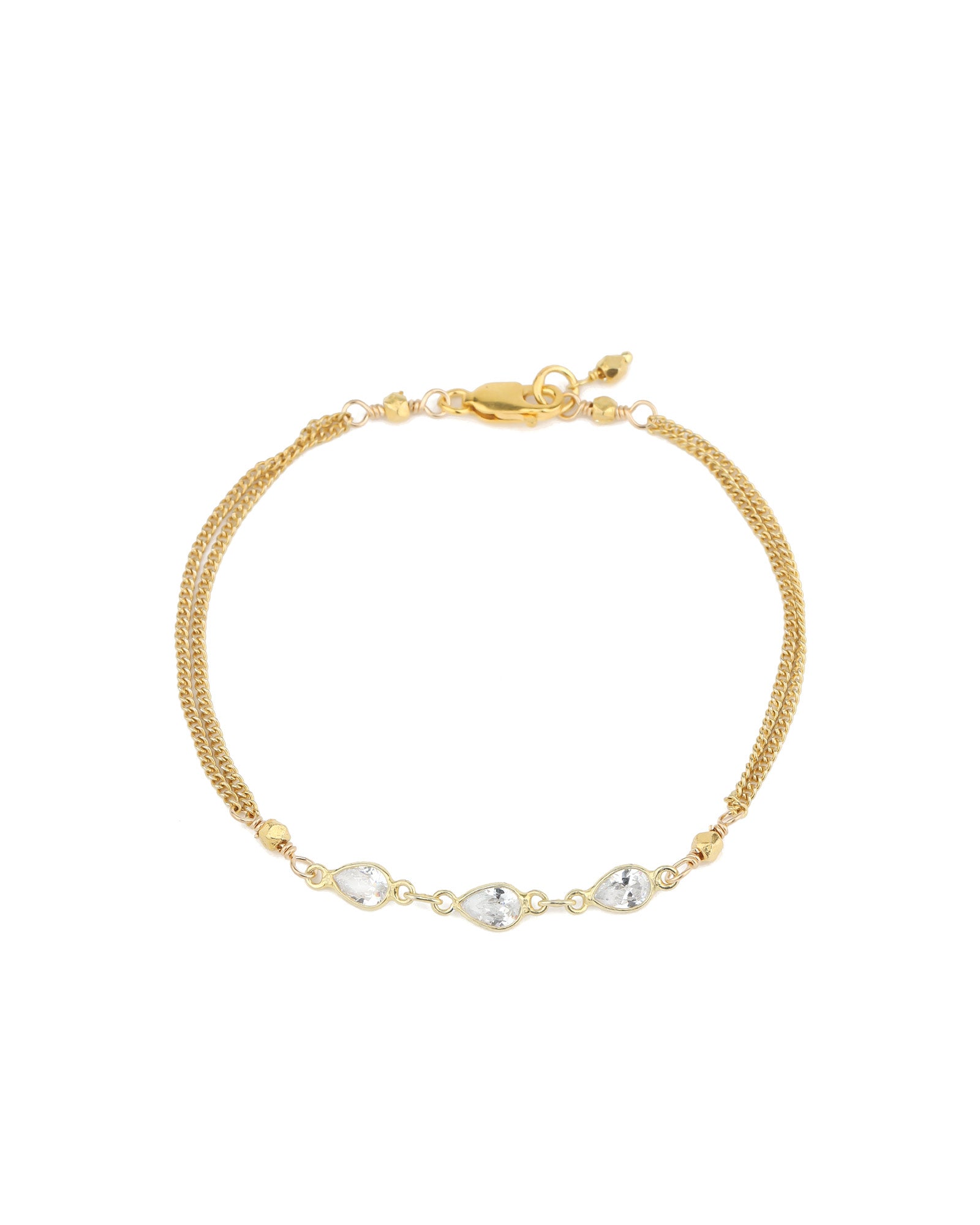 3 Teardrop CZ 2 Chain Bracelet 22k Gold Vermeil, Cubic Zirconia