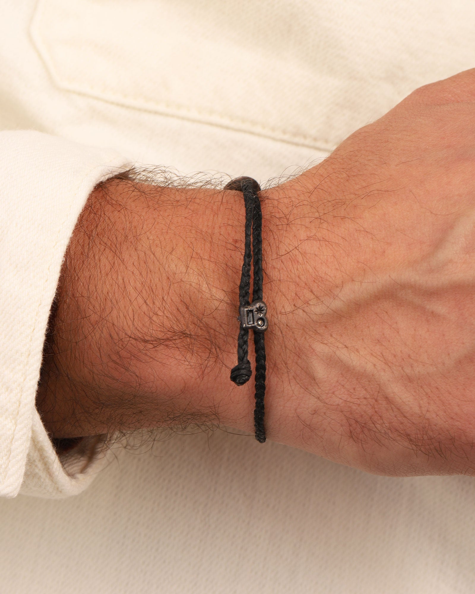 Scosha Men-Signature Bracelet-Bracelets-Oxidized Sterling Silver, Black Waxed Nylon-Blue Ruby Jewellery-Vancouver Canada