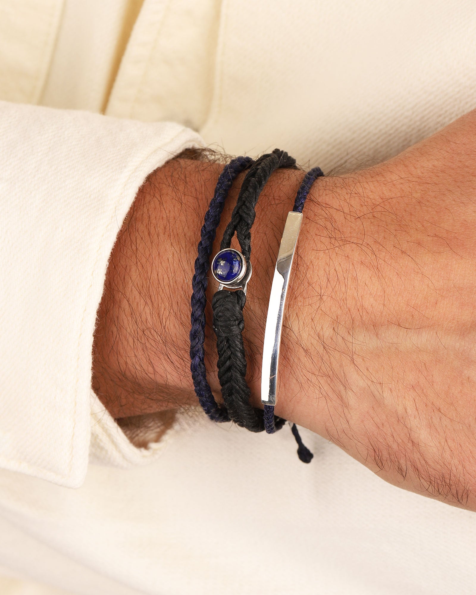 ID Signature Bracelet Sterling Silver, Indigo Waxed Nylon