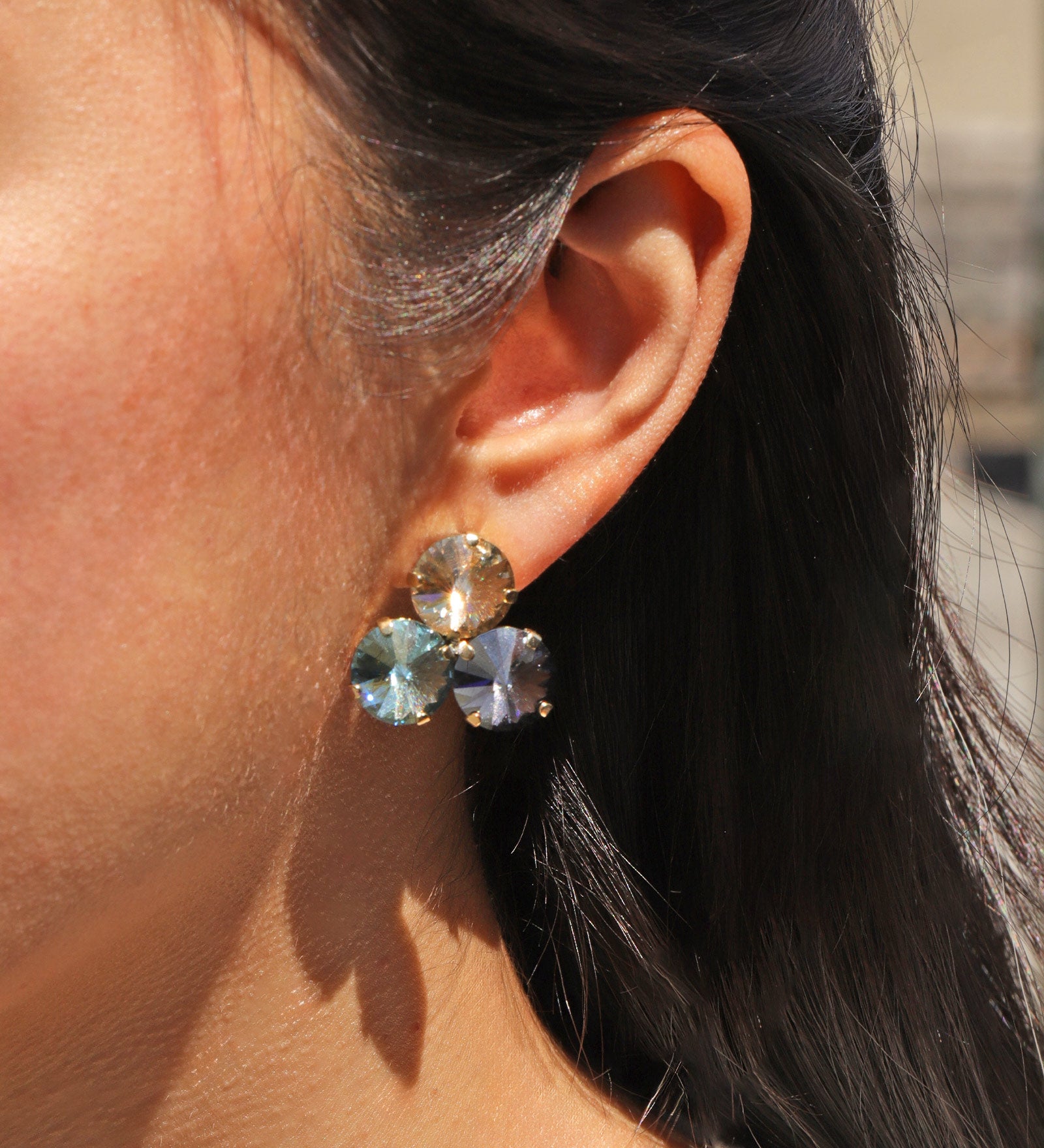 TOVA-Reya Studs-Earrings-Gold Plated, Aqua Champagne Crystal-Blue Ruby Jewellery-Vancouver Canada