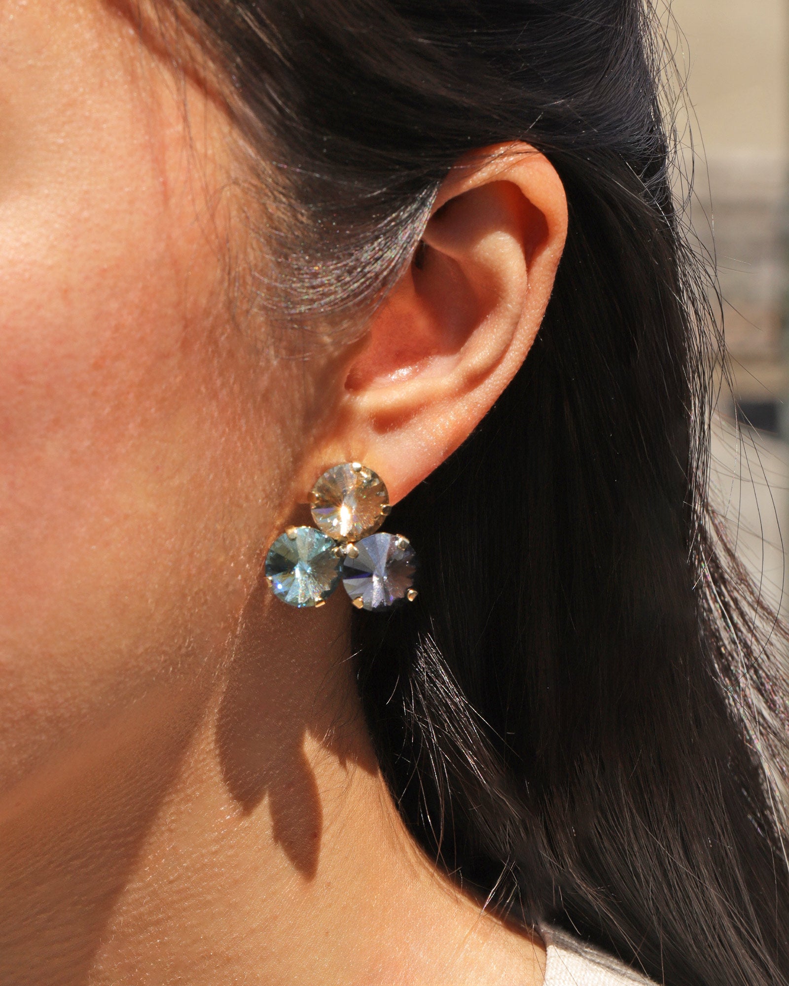 TOVA-Reya Studs-Earrings-Gold Plated, Aqua Champagne Crystal-Blue Ruby Jewellery-Vancouver Canada