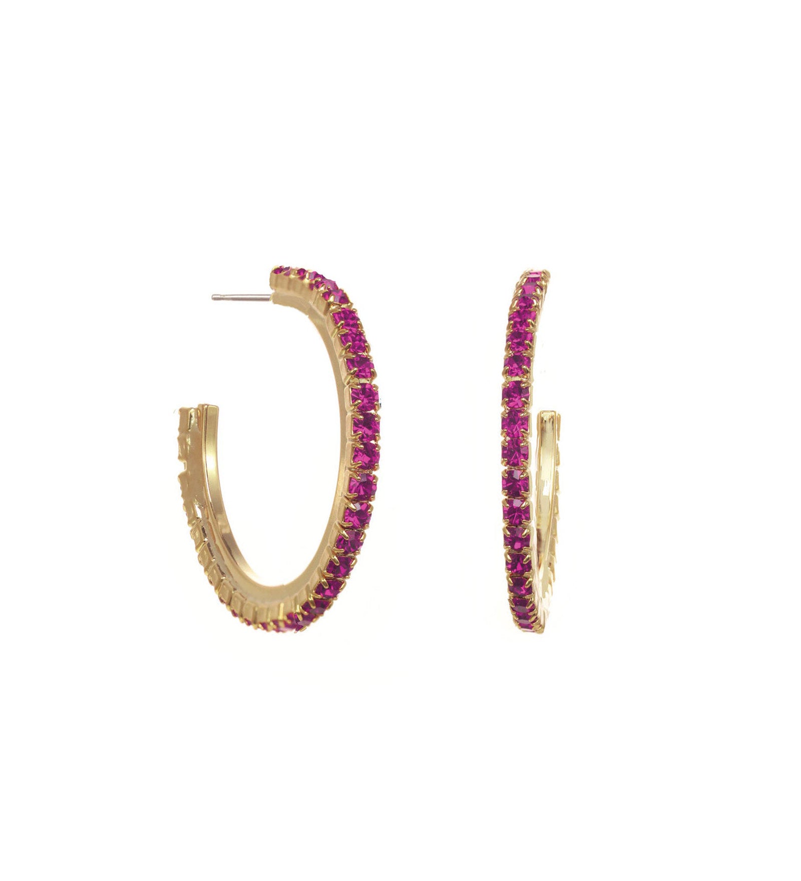 TOVA-Slim Hoops-Earrings-Gold Plated, Fuchsia Crystal-Blue Ruby Jewellery-Vancouver Canada