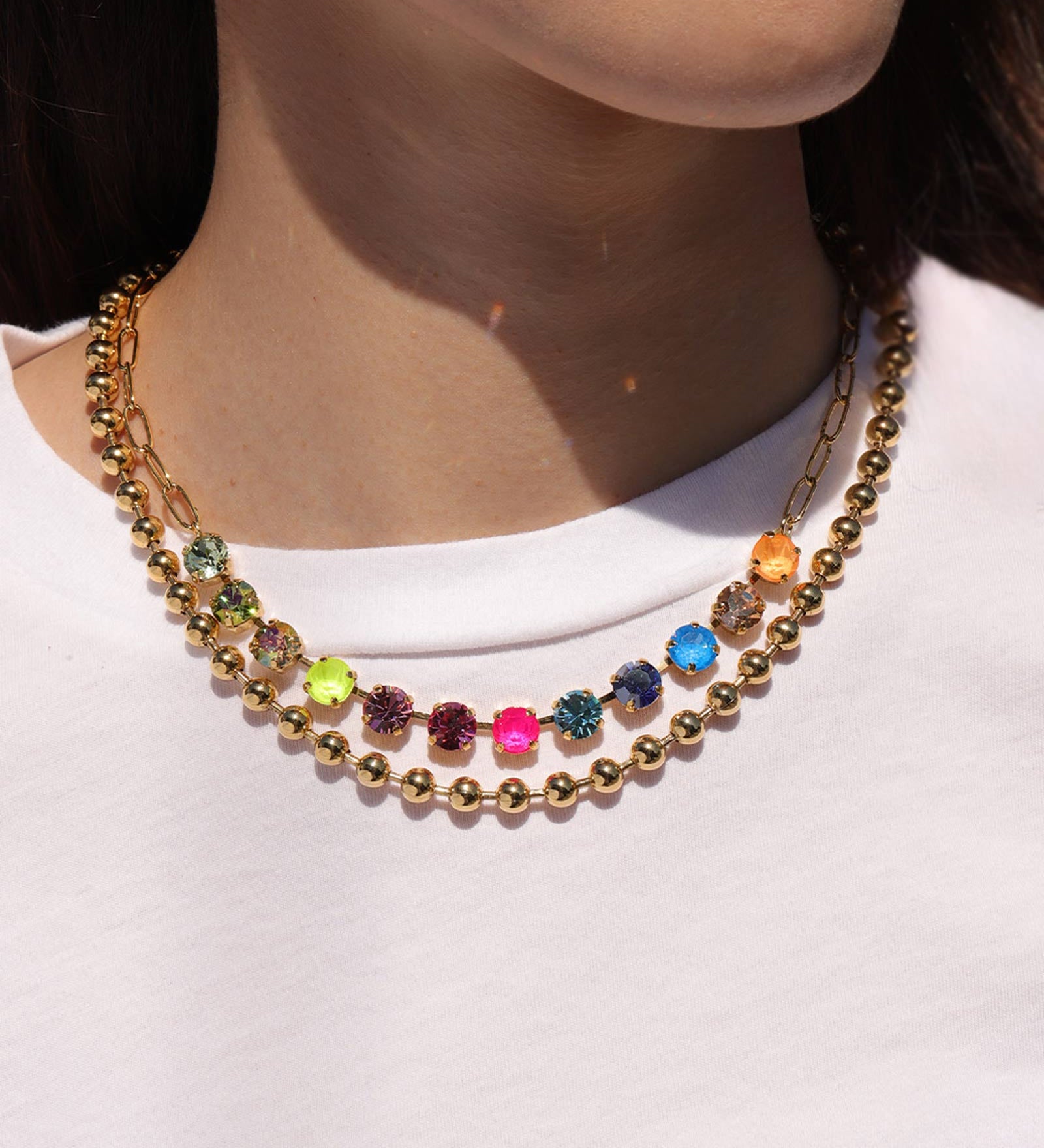 TOVA-Mini Oakland Necklace-Necklaces-Gold Plated, Rainbow Crystal-Blue Ruby Jewellery-Vancouver Canada