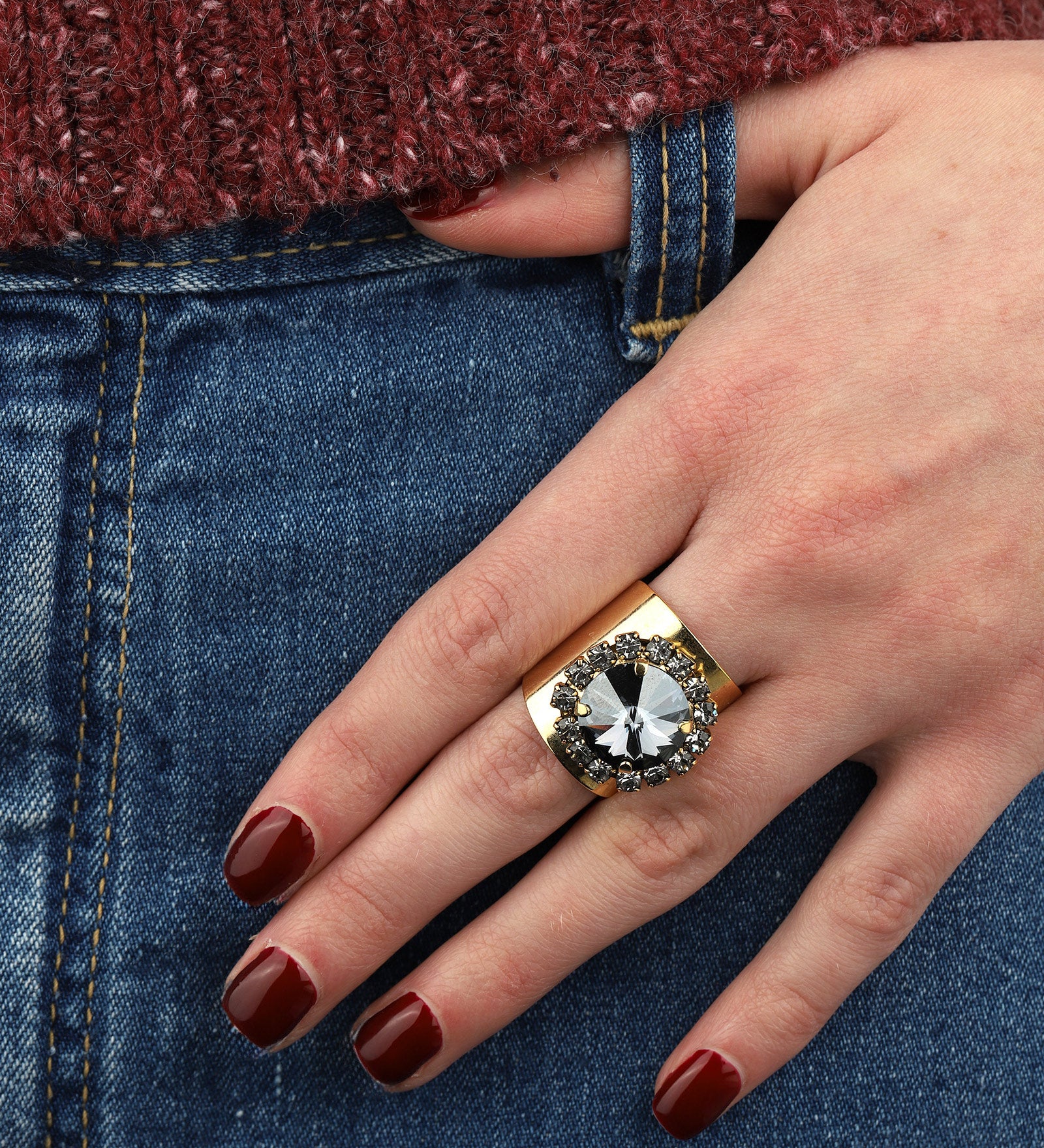 TOVA-Jacci Ring-Rings-Gold Plated, Light Silk Crystal-Blue Ruby Jewellery-Vancouver Canada