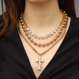 TOVA-Cross Necklace-Necklaces-14k Gold Plated, White Crystal-Blue Ruby Jewellery-Vancouver Canada