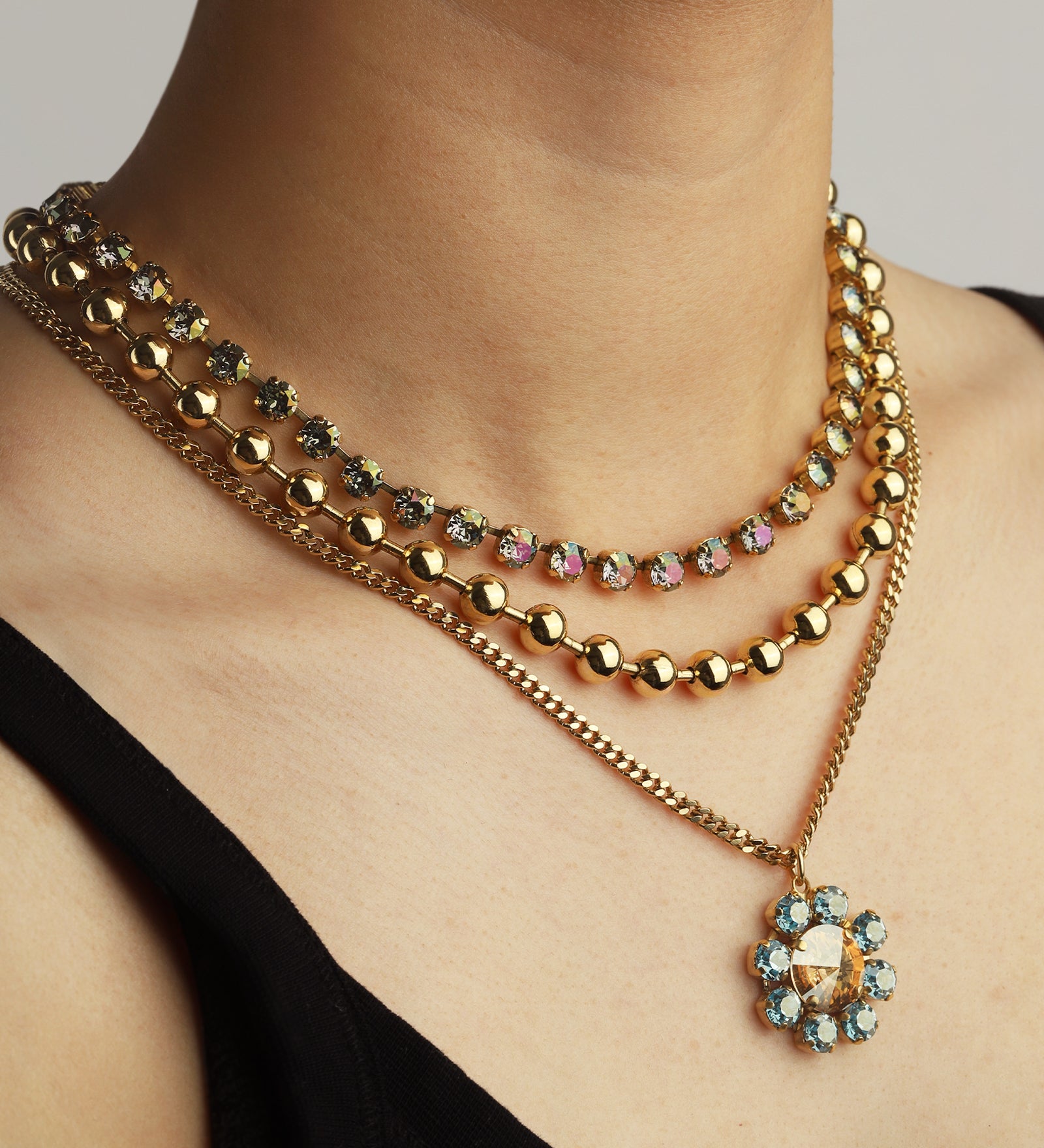 Twiggy Necklace Antique Gold-plated Brass, Aqua Champagne Crystal