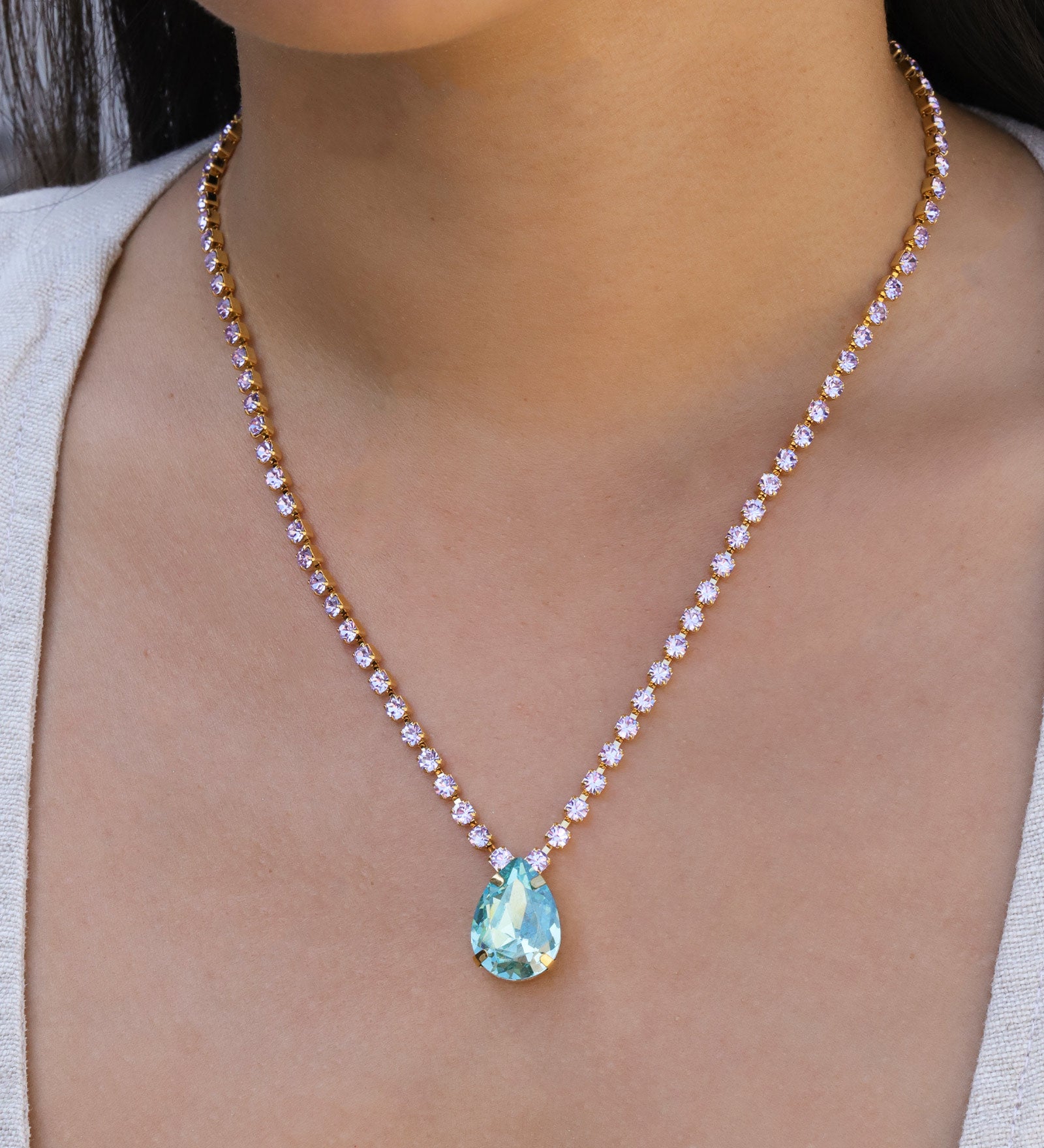 TOVA-Milli Necklace-Necklaces-Gold Plated, Lilac / Aqua Champagne Crystal-Blue Ruby Jewellery-Vancouver Canada