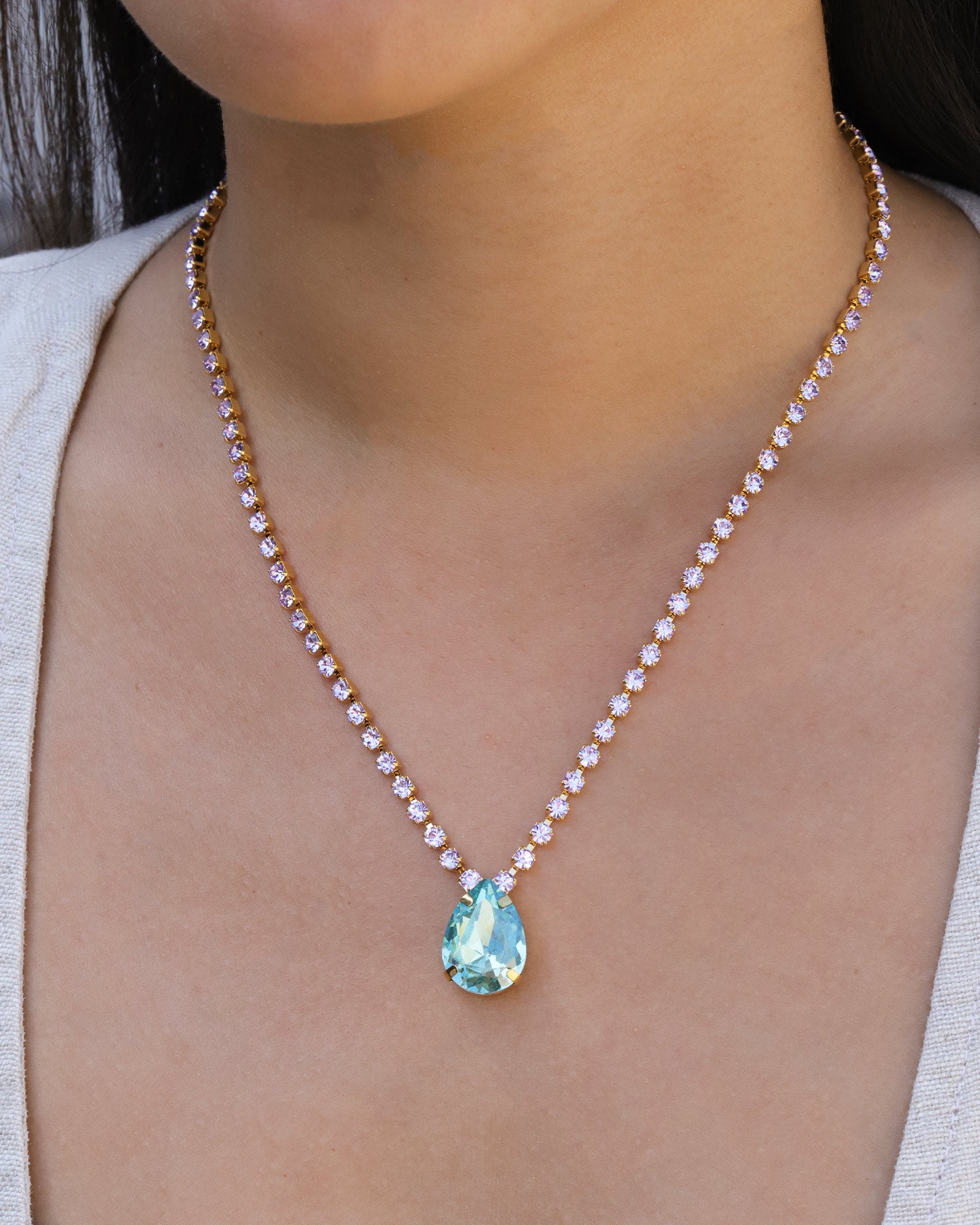 TOVA-Milli Necklace-Necklaces-Gold Plated, Lilac / Aqua Champagne Crystal-Blue Ruby Jewellery-Vancouver Canada