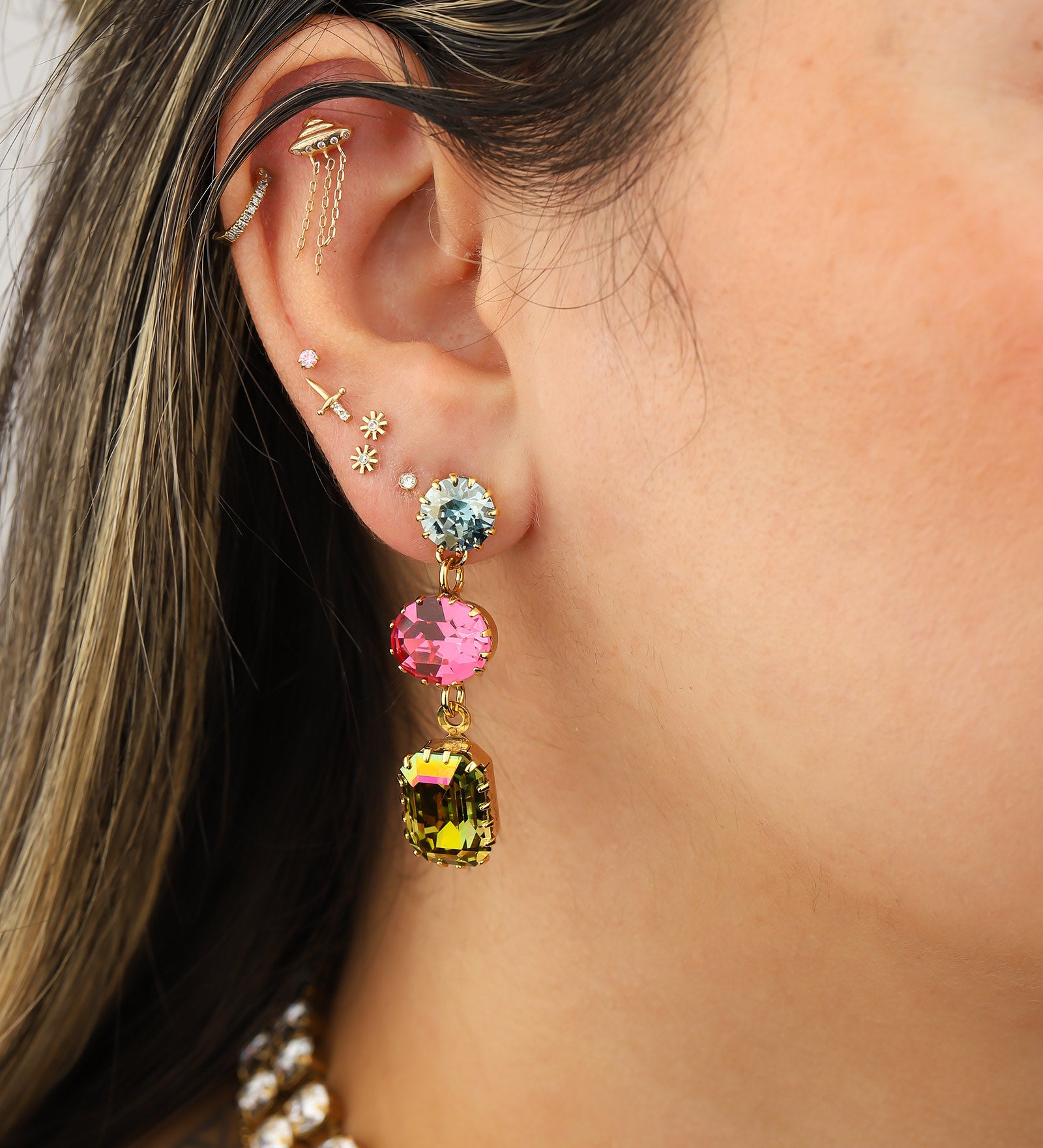 TOVA-Zayna Earrings-Earrings-Gold Plated, Warermelon Crystal-Blue Ruby Jewellery-Vancouver Canada