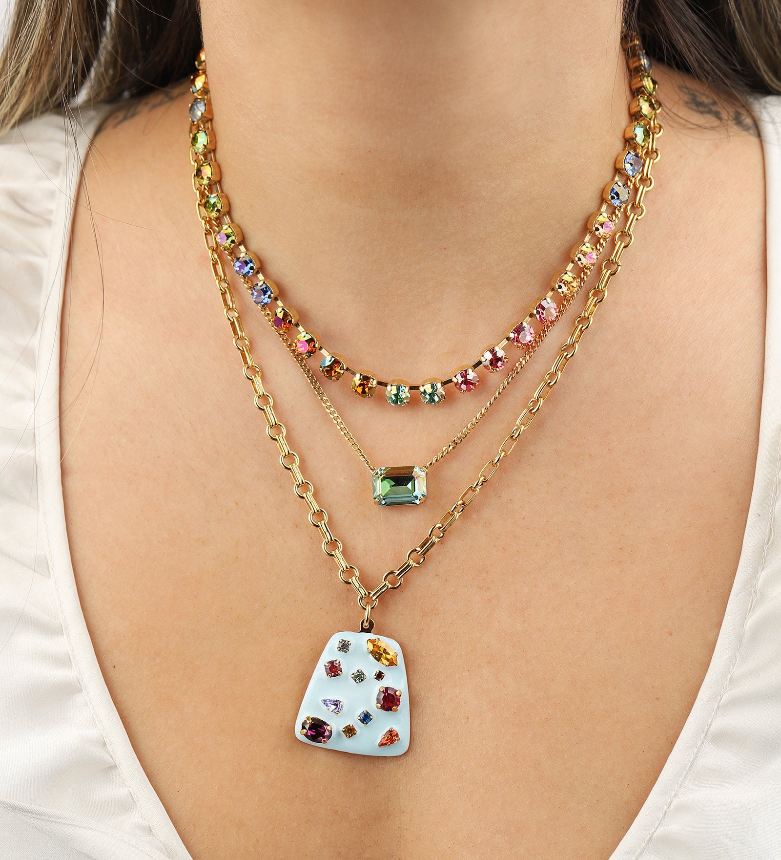 TOVA-Sarina Necklace-Necklaces-Gold Plated, Watermelon Ombre Crystal-Blue Ruby Jewellery-Vancouver Canada