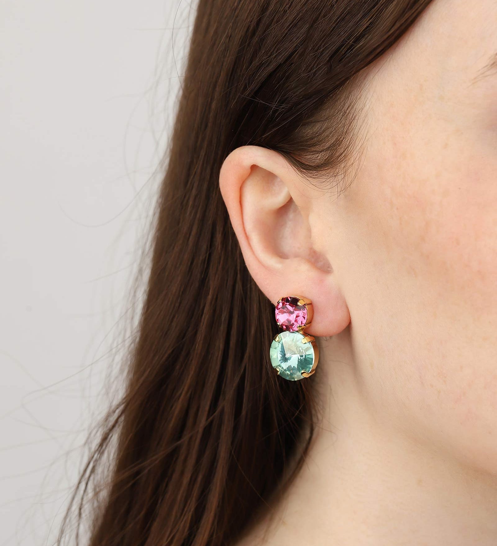 TOVA-Maegan Studs-Earrings-Gold Plated, Pink Aqua Champagne Crystal-Blue Ruby Jewellery-Vancouver Canada