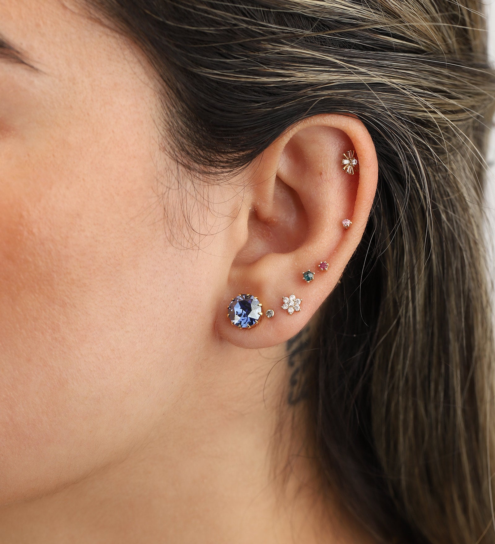 TOVA-Chrisley Studs-Earrings-Gold Plated, Sapphire Champagne Crystal-Blue Ruby Jewellery-Vancouver Canada