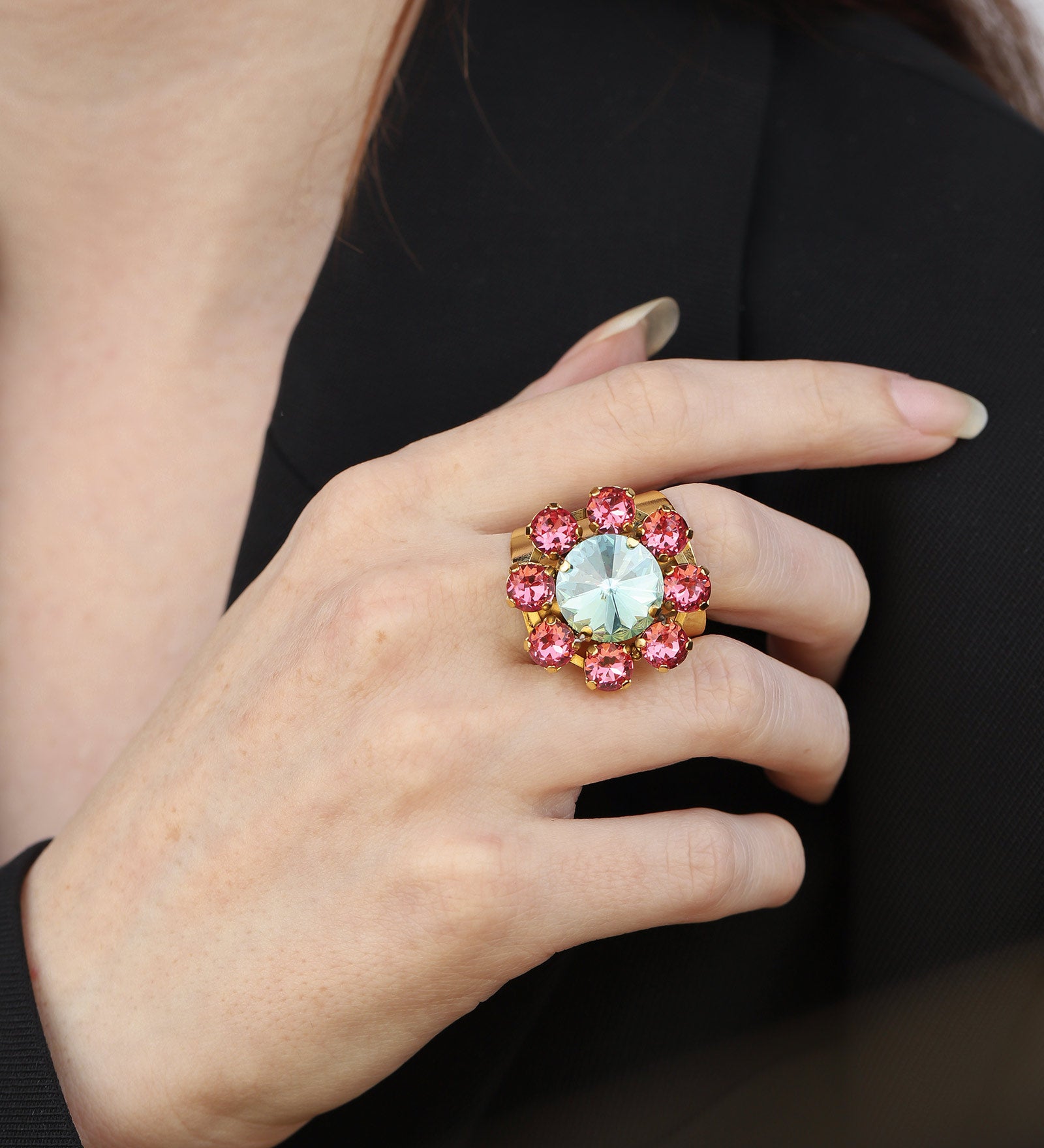 TOVA-Twiggy Ring-Rings-Gold Plated, Pink Aqua Crystal-Blue Ruby Jewellery-Vancouver Canada