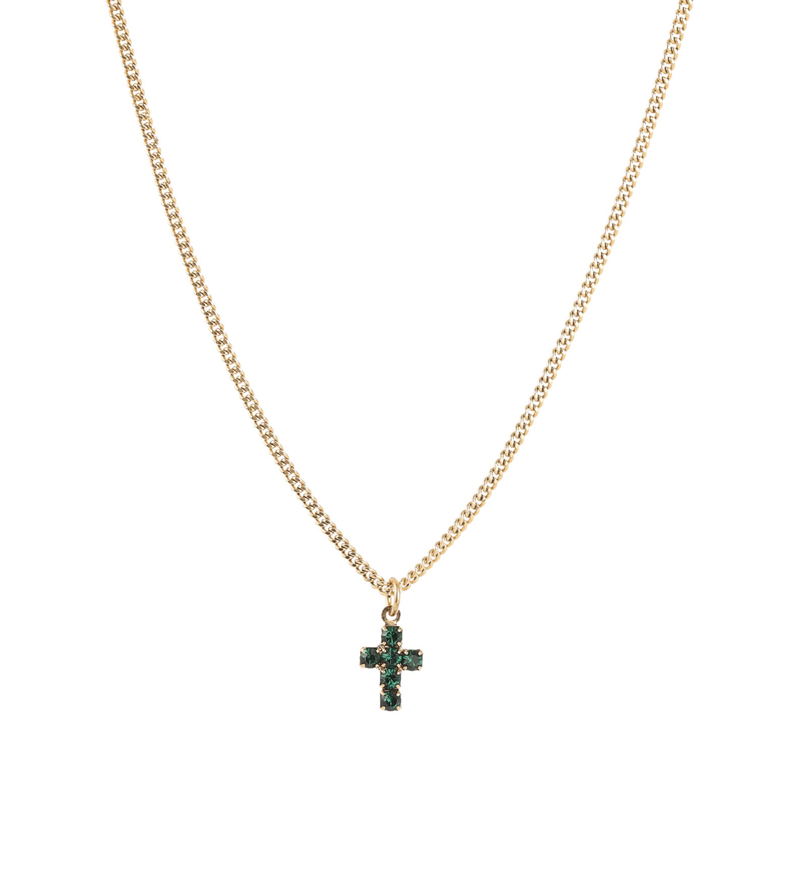 Single Mini Cross Necklace 14k Gold Plated, Emerald Crystal