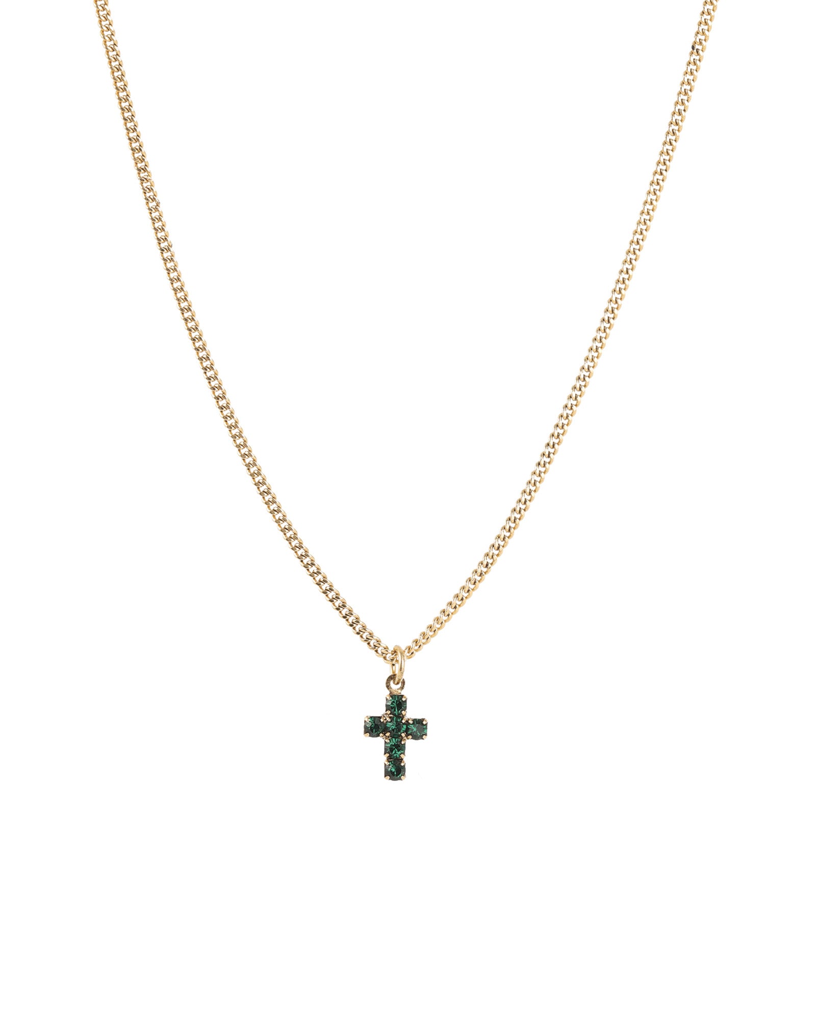 Single Mini Cross Necklace 14k Gold Plated, Emerald Crystal