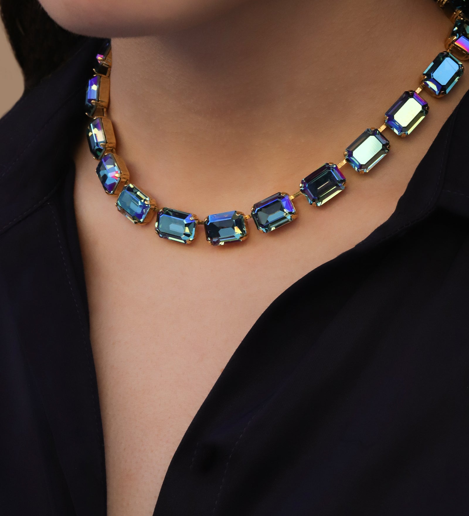 TOVA-Jabari Necklace-Necklaces-14k Gold Plated, Aqua Verde Crystal-Blue Ruby Jewellery-Vancouver Canada