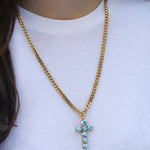 TOVA-Cross Necklace-Necklaces-14k Gold Plated, Aqua Verde Crystal-Blue Ruby Jewellery-Vancouver Canada