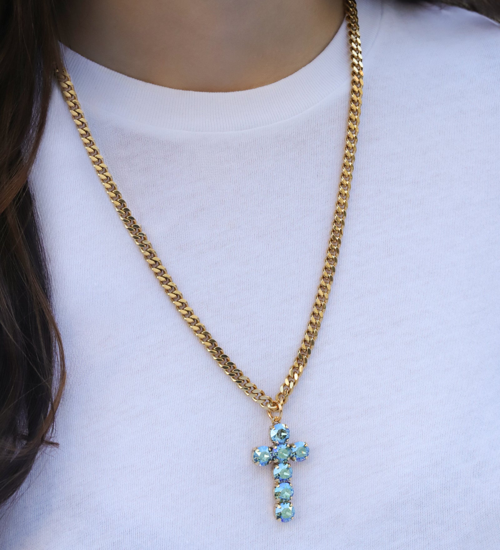 TOVA-Cross Necklace-Necklaces-14k Gold Plated, Aqua Verde Crystal-Blue Ruby Jewellery-Vancouver Canada