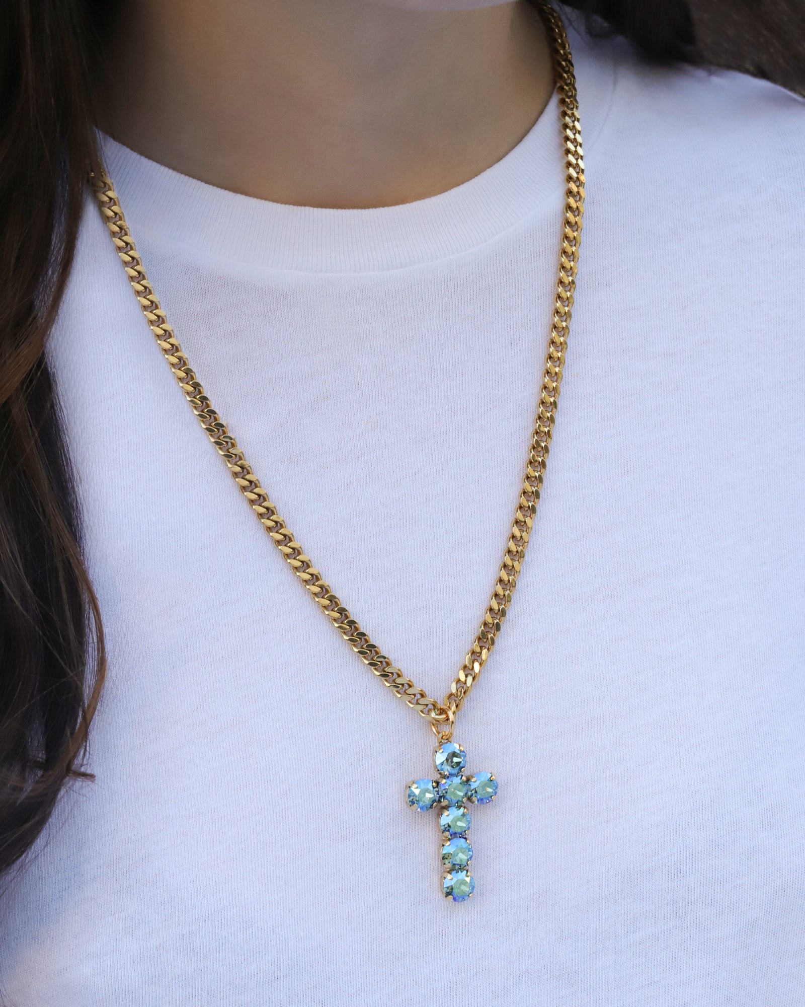 TOVA-Cross Necklace-Necklaces-14k Gold Plated, Aqua Verde Crystal-Blue Ruby Jewellery-Vancouver Canada