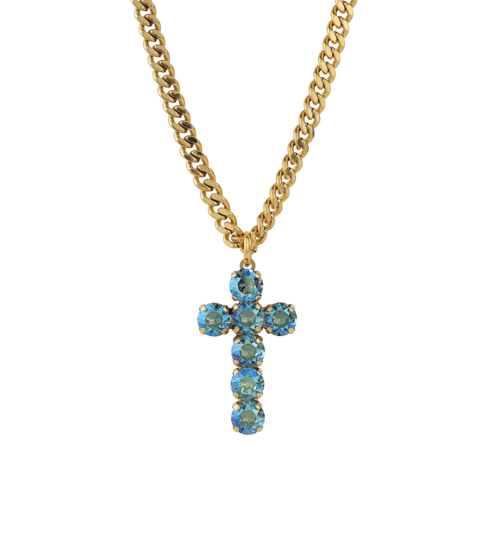 TOVA-Cross Necklace-Necklaces-14k Gold Plated, Aqua Verde Crystal-Blue Ruby Jewellery-Vancouver Canada