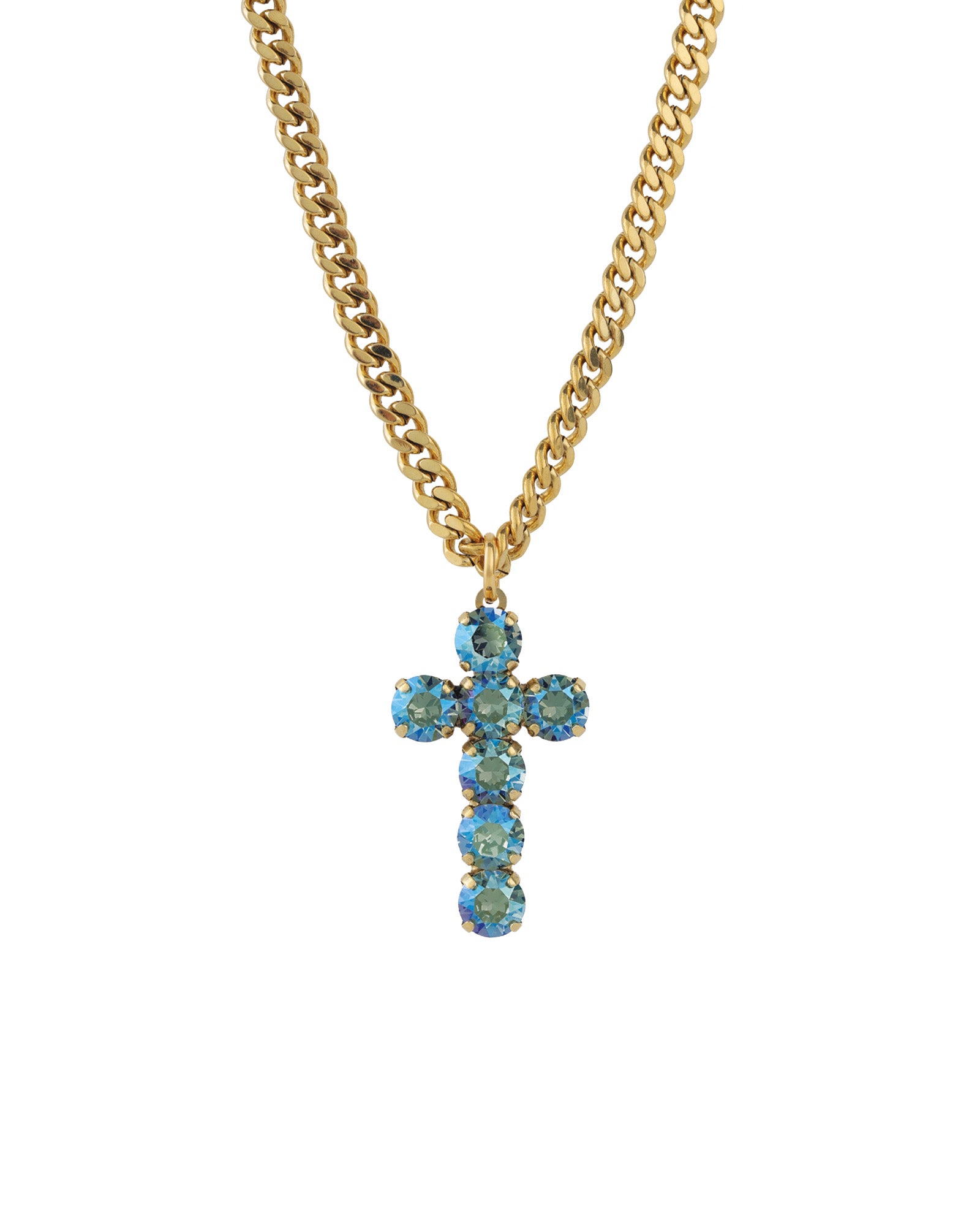 TOVA-Cross Necklace-Necklaces-14k Gold Plated, Aqua Verde Crystal-Blue Ruby Jewellery-Vancouver Canada