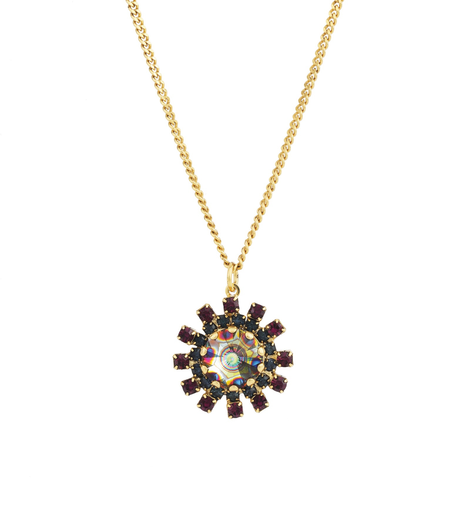 TOVA-Blaire Flower Necklace-Necklaces-14k Gold Plated, Dark Peacock Crystal-Blue Ruby Jewellery-Vancouver Canada