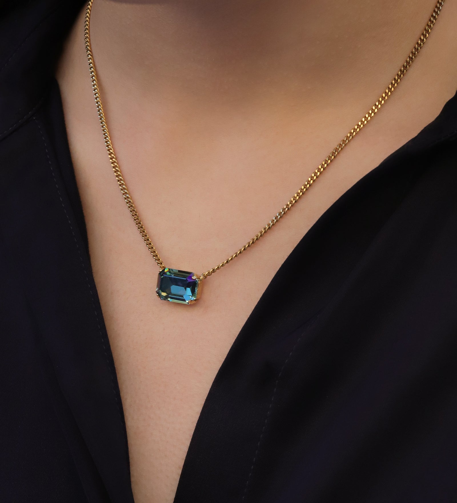 TOVA-Rubin Necklace-Necklaces-14k Gold Plated, Aqua Verde Crystal-Blue Ruby Jewellery-Vancouver Canada