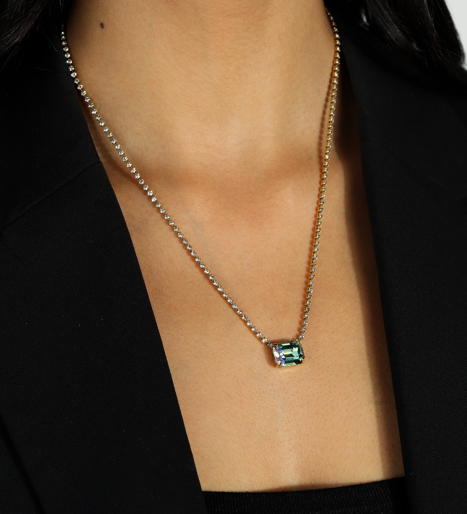 TOVA-Rhys Rectangle Necklace-Necklaces-14k Gold Plated, Aqua Verde Crystal-Blue Ruby Jewellery-Vancouver Canada