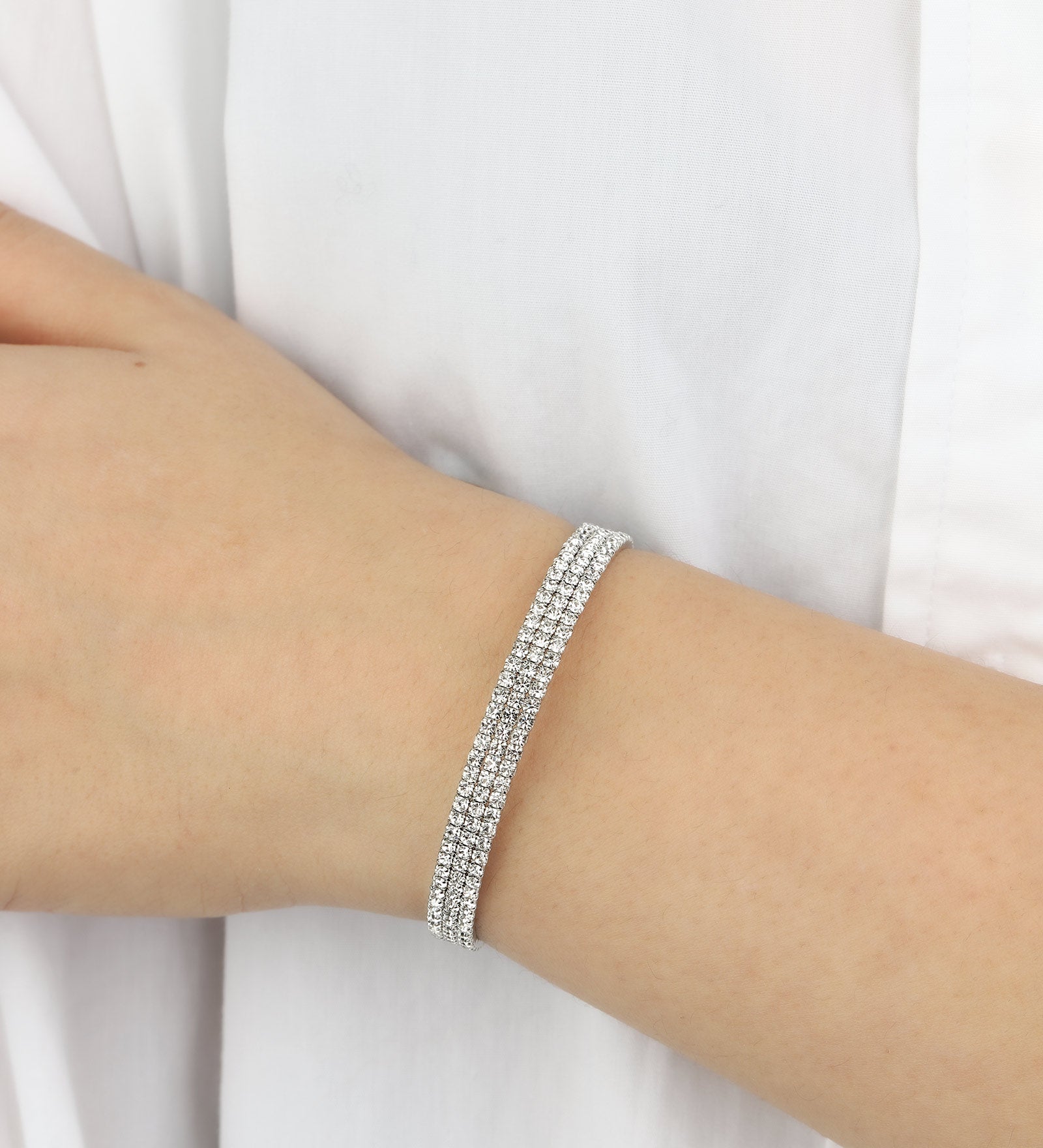 3 Row Crystal Bracelet Silver Tone, White Crystal