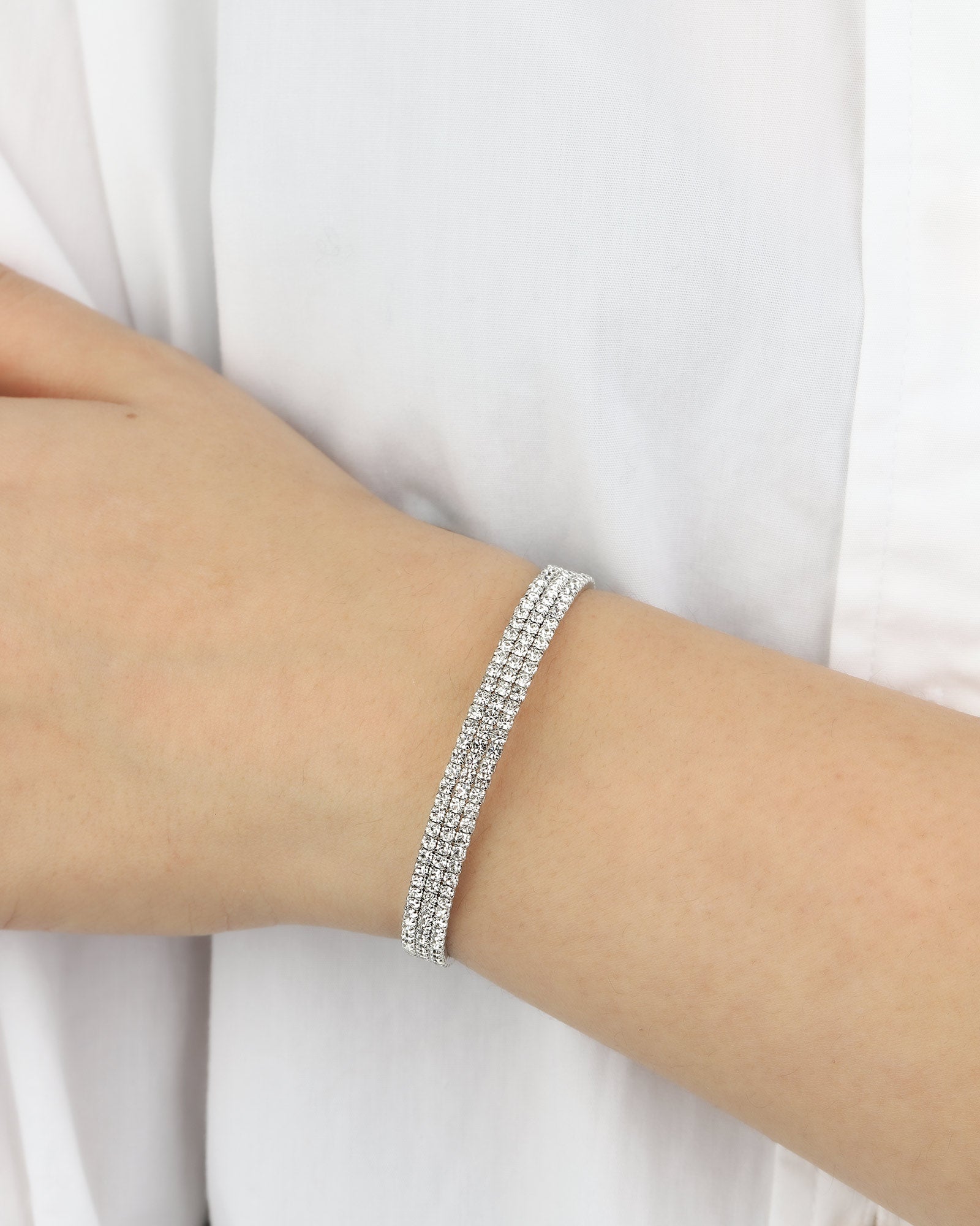 3 Row Crystal Bracelet Silver Tone, White Crystal