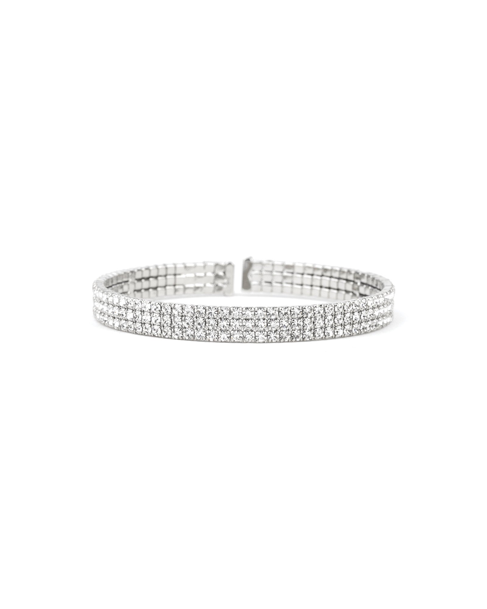 3 Row Crystal Bracelet Silver Tone, White Crystal