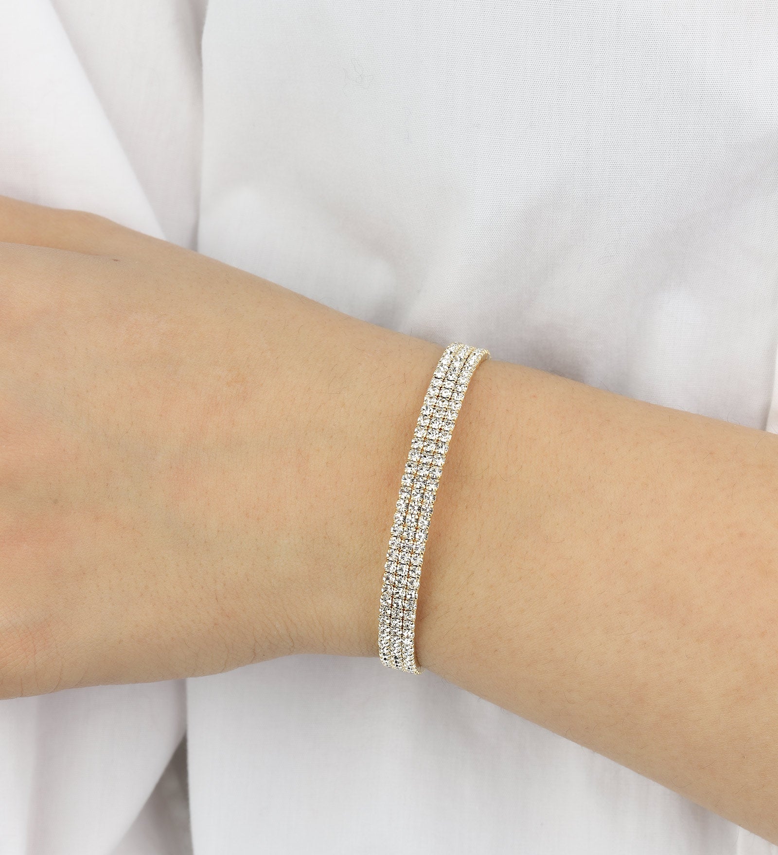 3 Row Crystal Bracelet Gold Tone, White Crystal