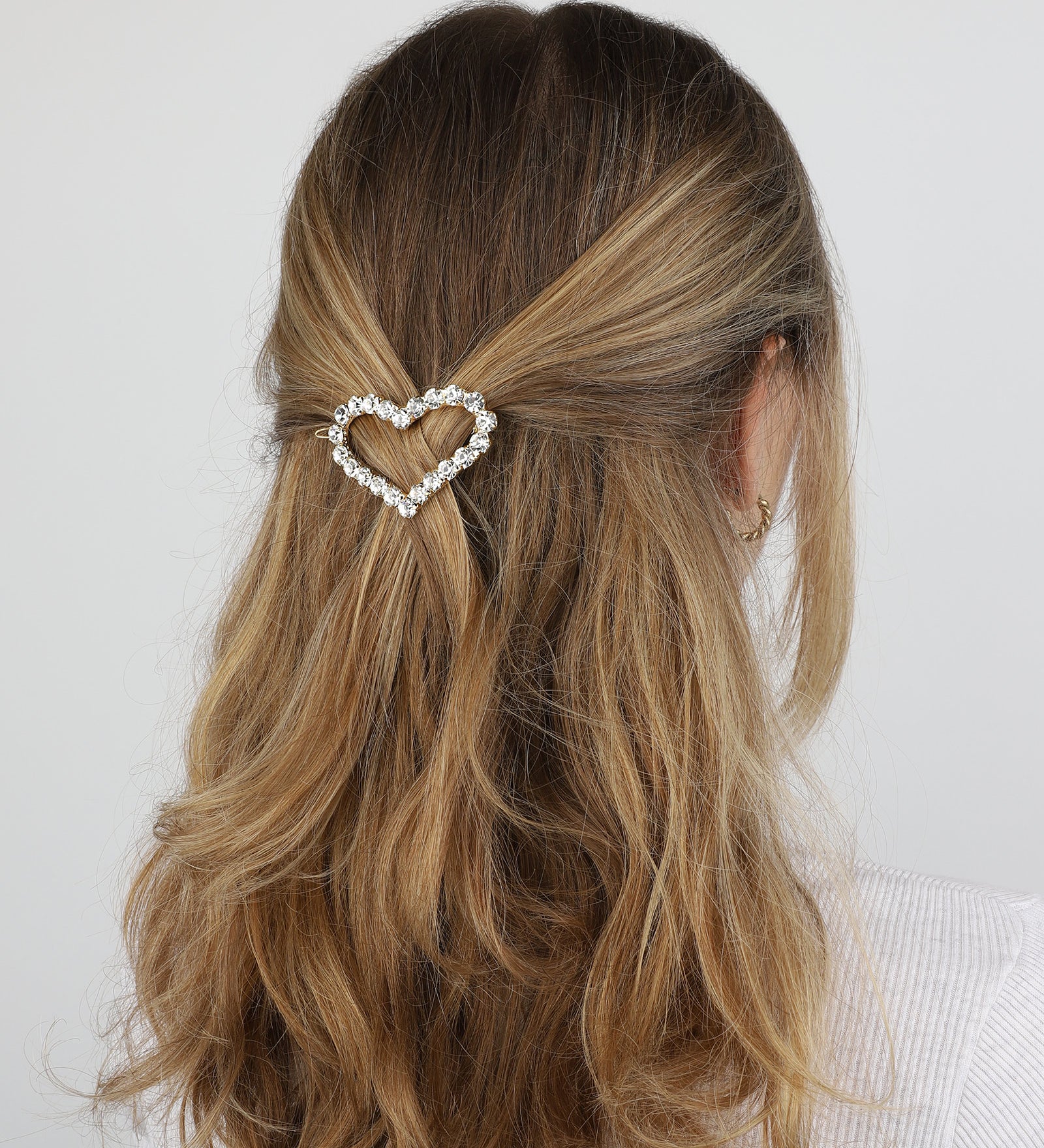 1 Row Large Crystal Heart Hairclip Gold Tone, White Crystal