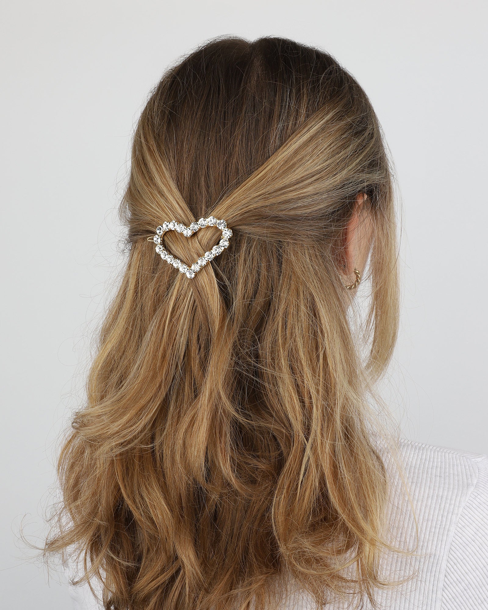 1 Row Large Crystal Heart Hairclip Gold Tone, White Crystal