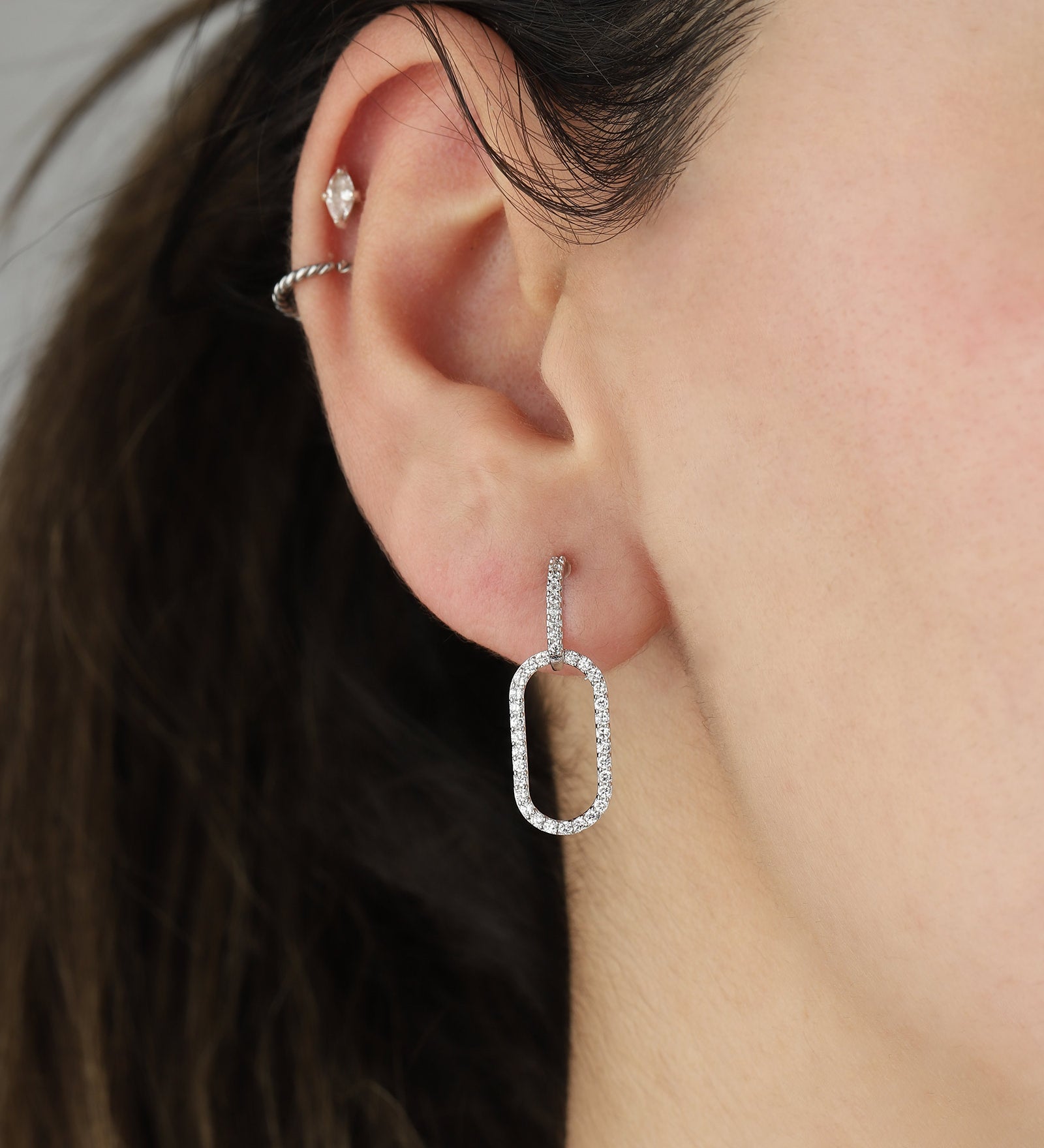 2 Oval Link Studs Silver Tone, White Crystal