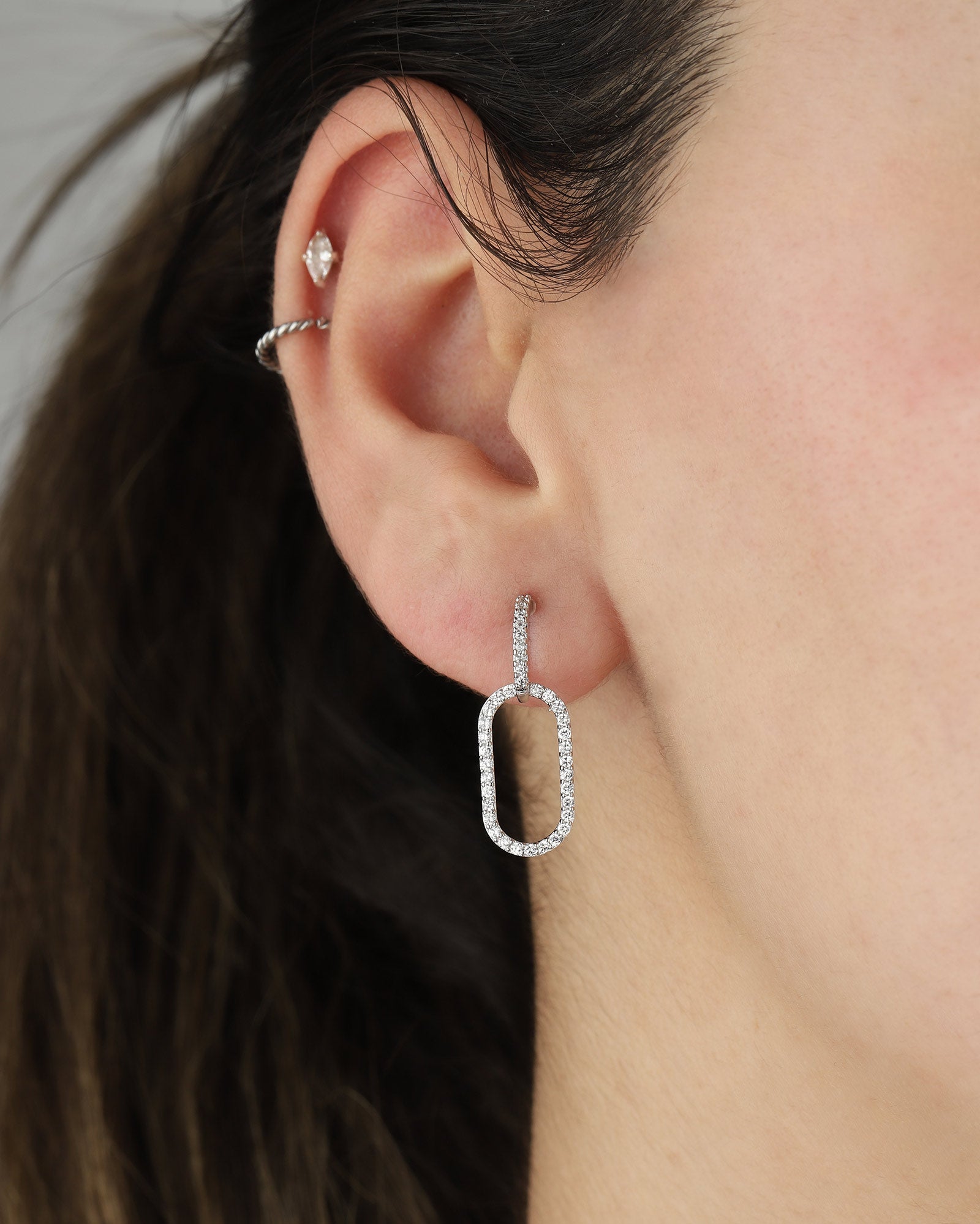 2 Oval Link Studs Silver Tone, White Crystal