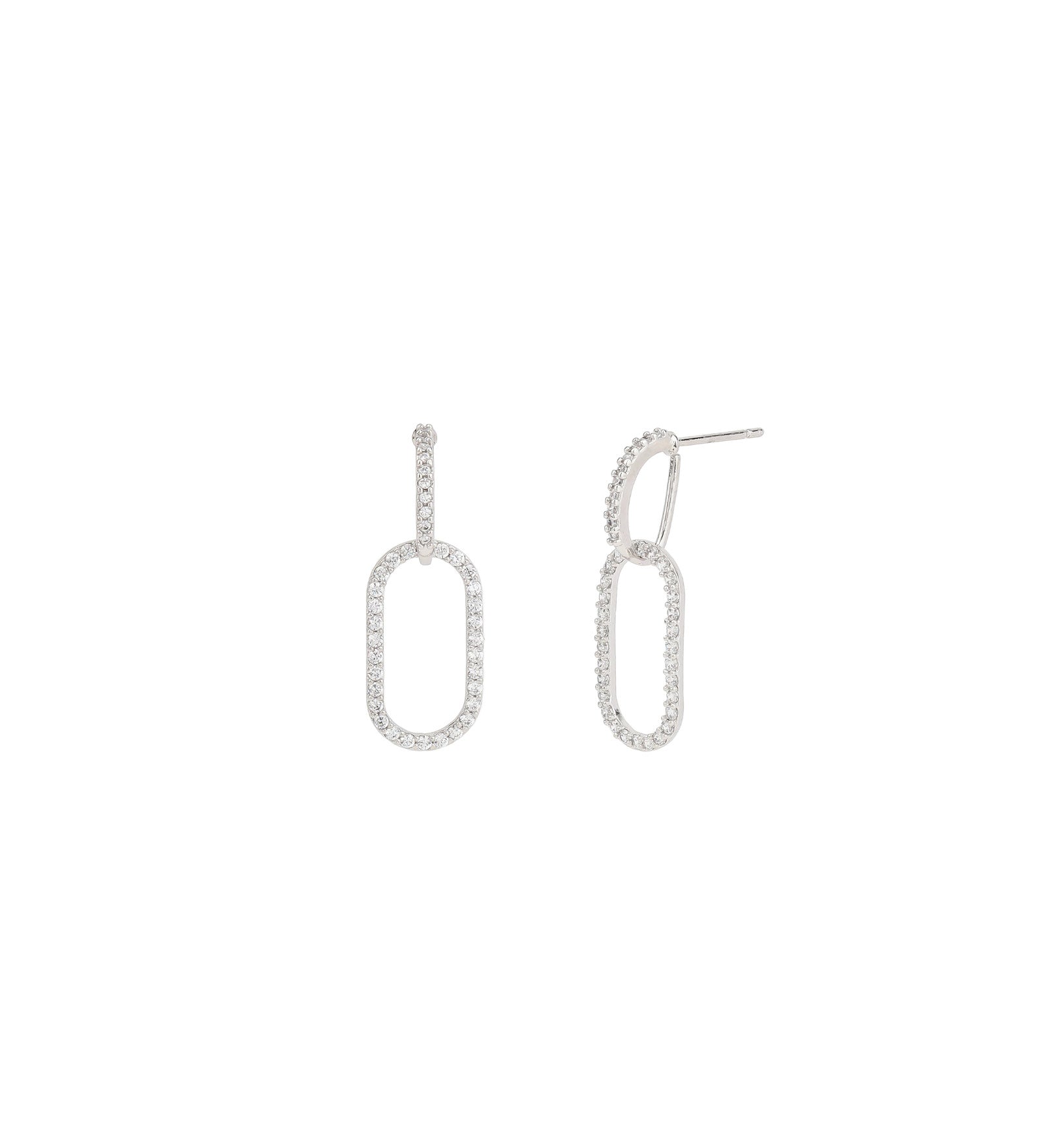 2 Oval Link Studs Silver Tone, White Crystal