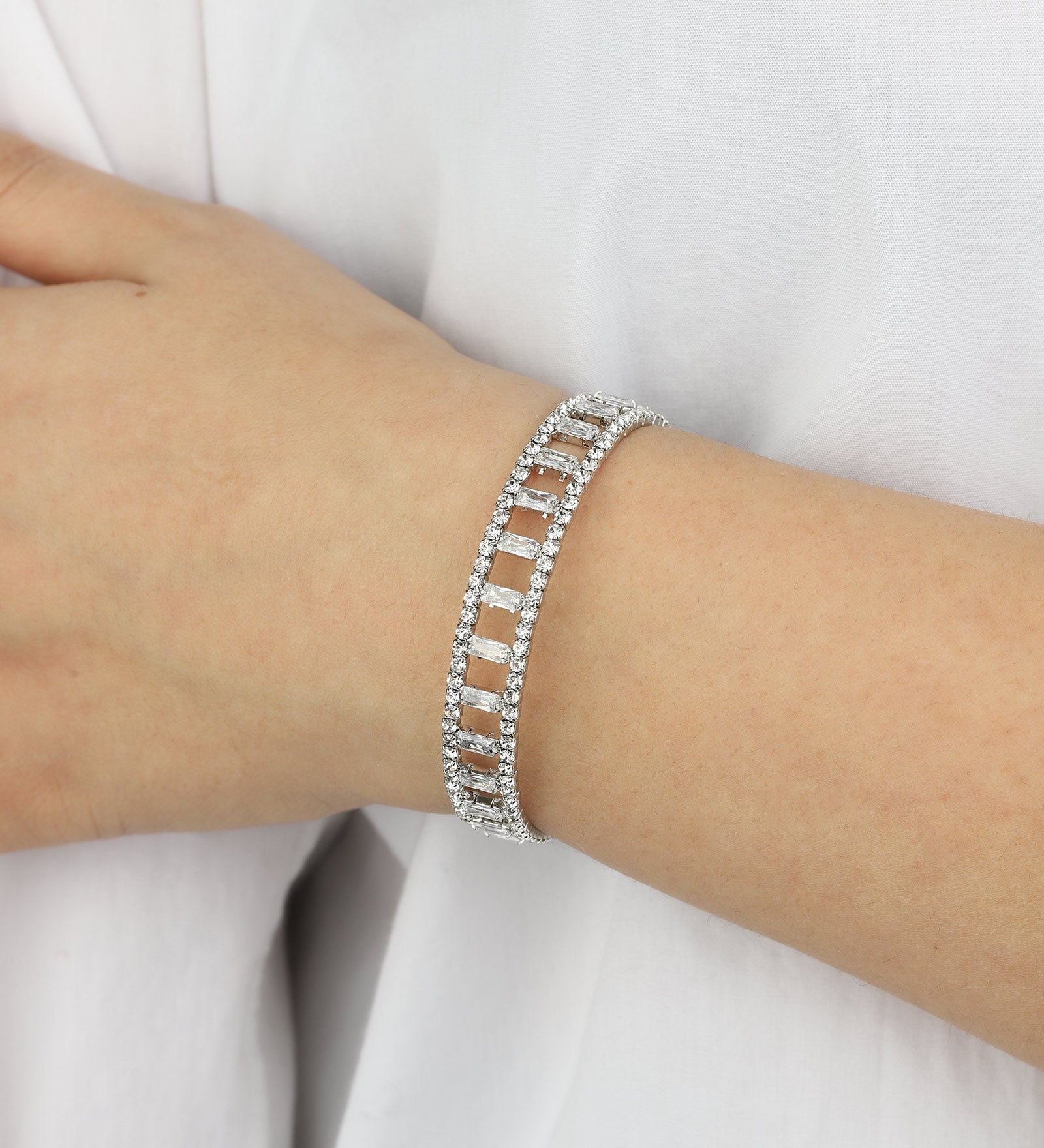 Wide Open Crystal & CZ Baguette Cuff Silver Tone, White Crystal