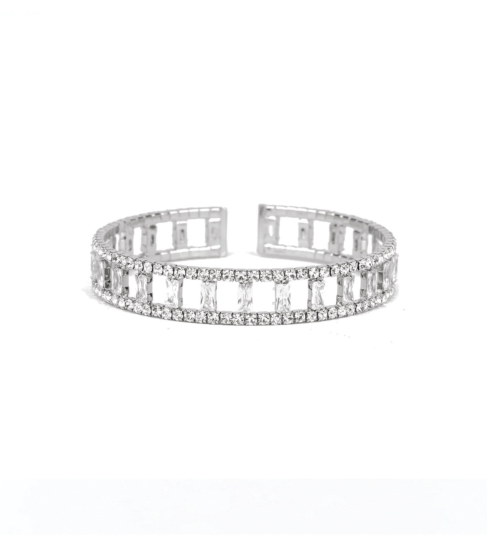 Wide Open Crystal & CZ Baguette Cuff Silver Tone, White Crystal