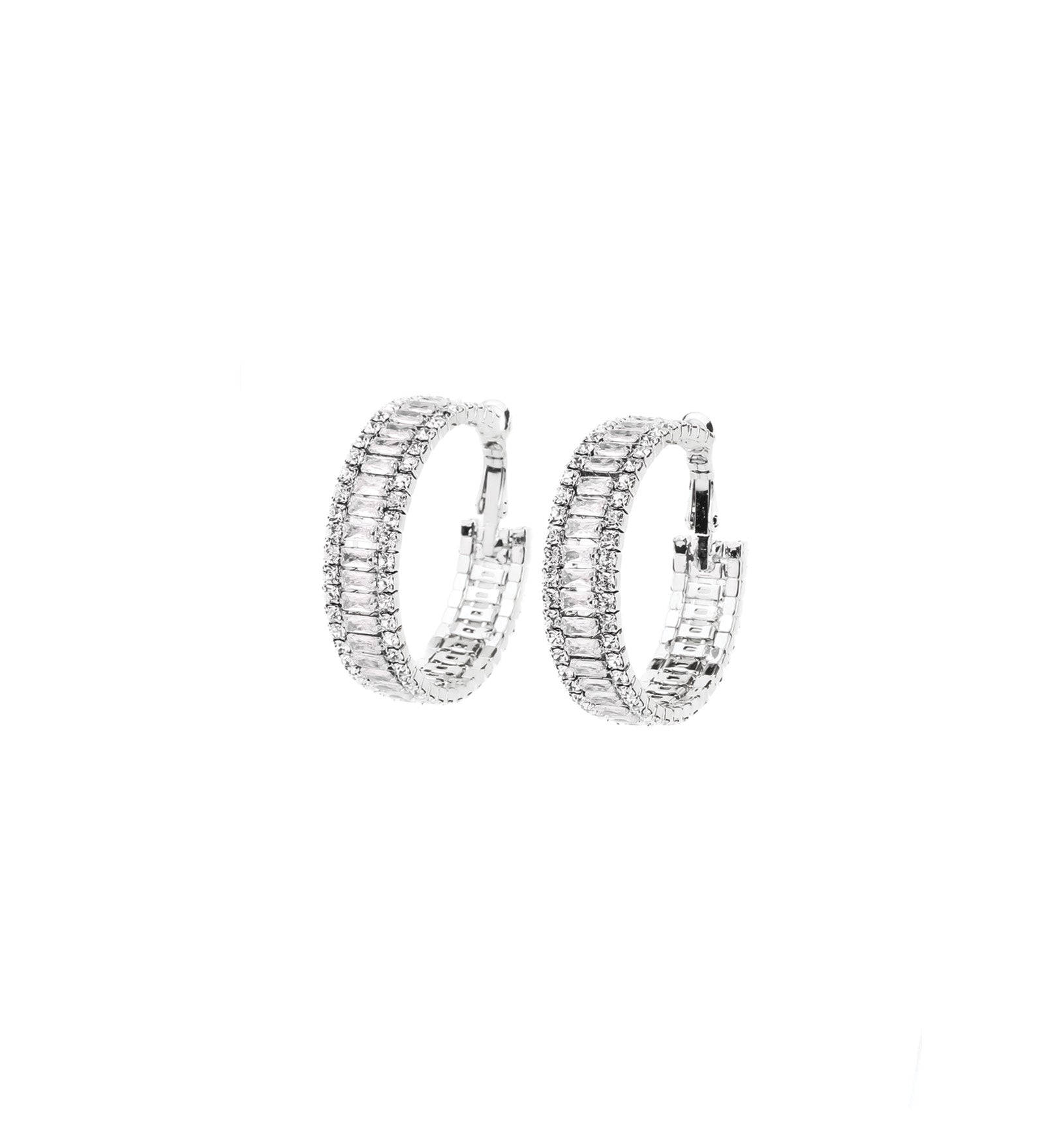 Baguette CZ Row Hoop | 34mm Silver Tone, White Crystal