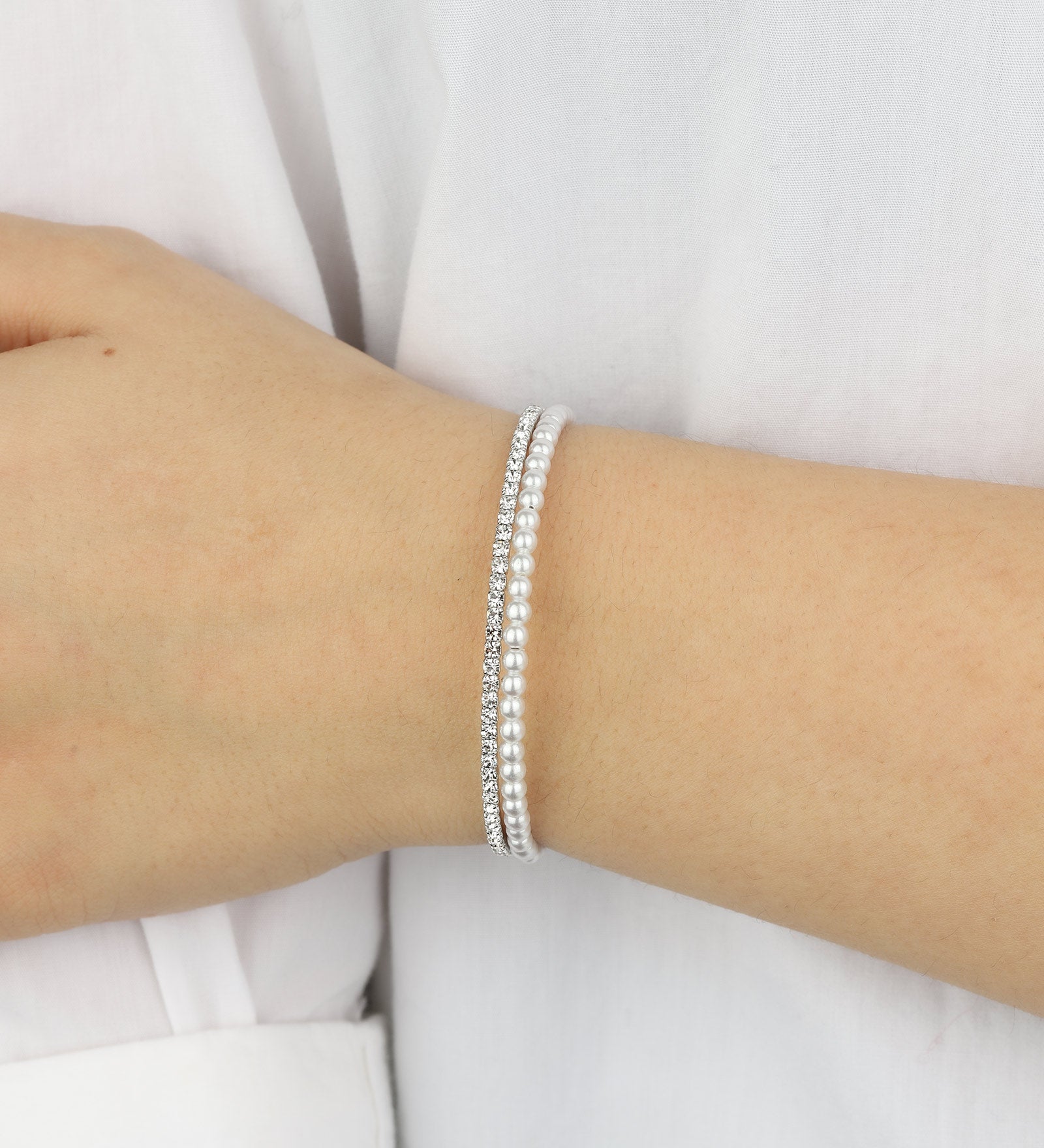 2 Row Crystal Pearl Cuff Silver Tone, White Crystal