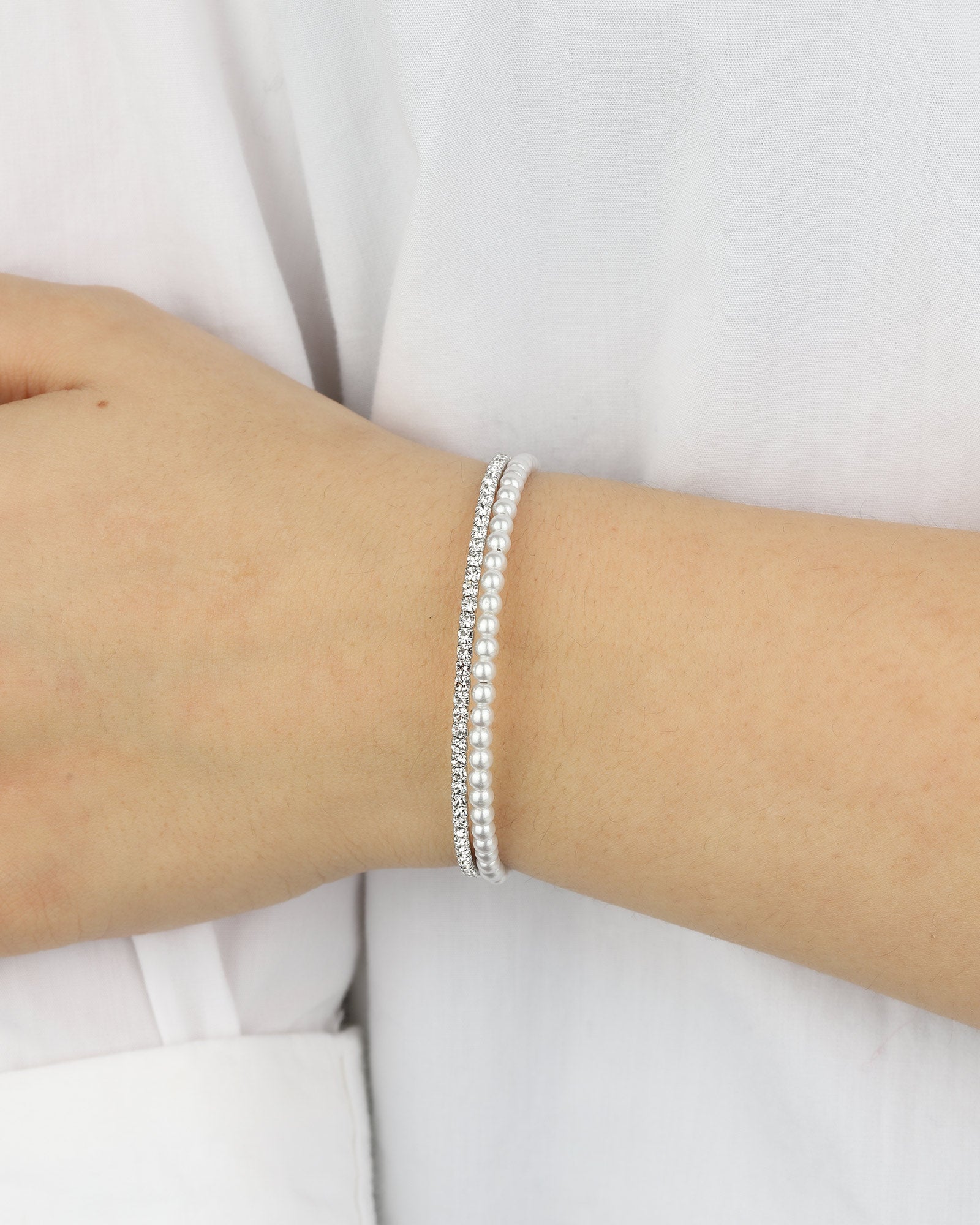 2 Row Crystal Pearl Cuff Silver Tone, White Crystal